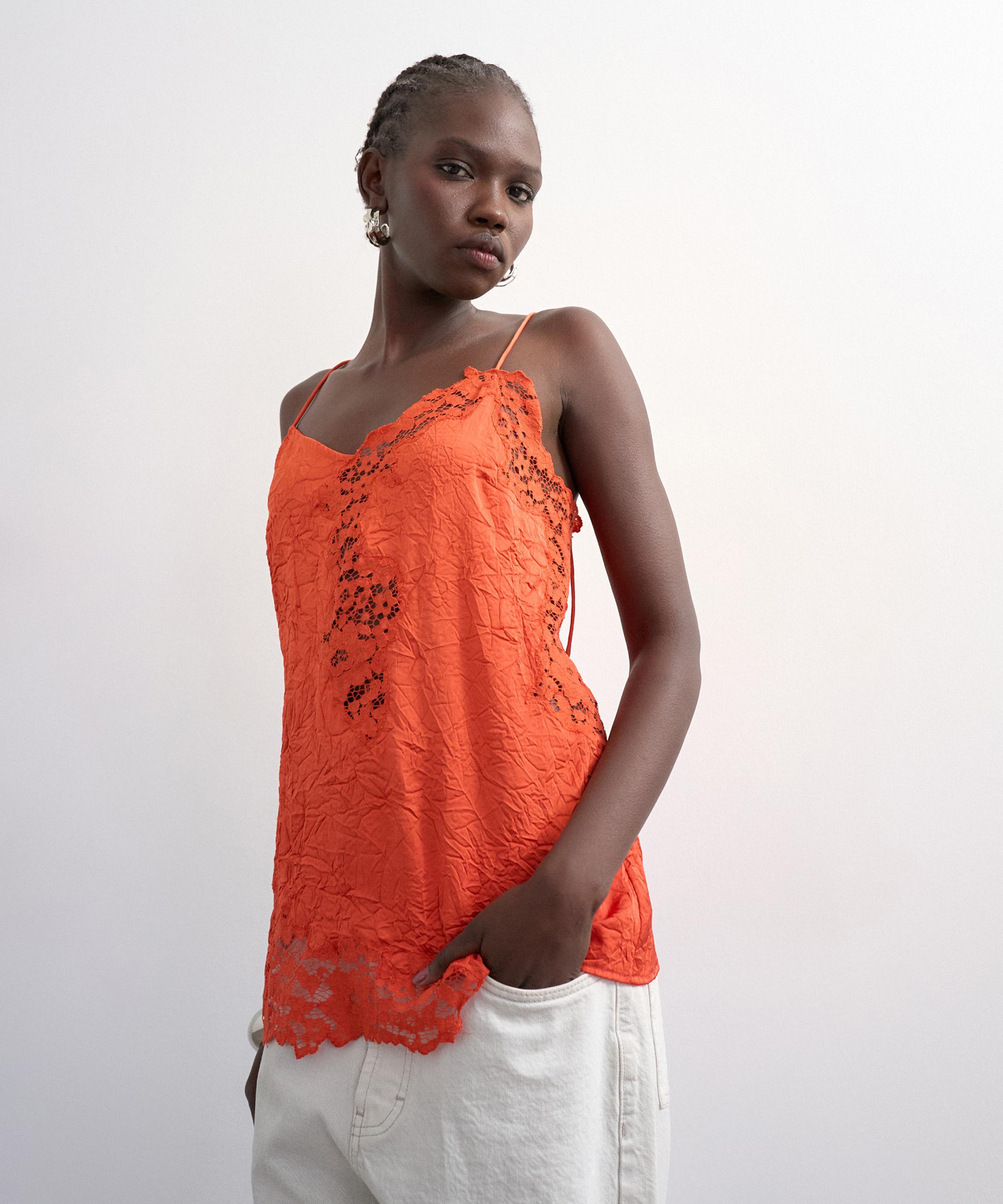 TOPSHOP - Rust Crinkle Satin Lace Insert Top image number 1