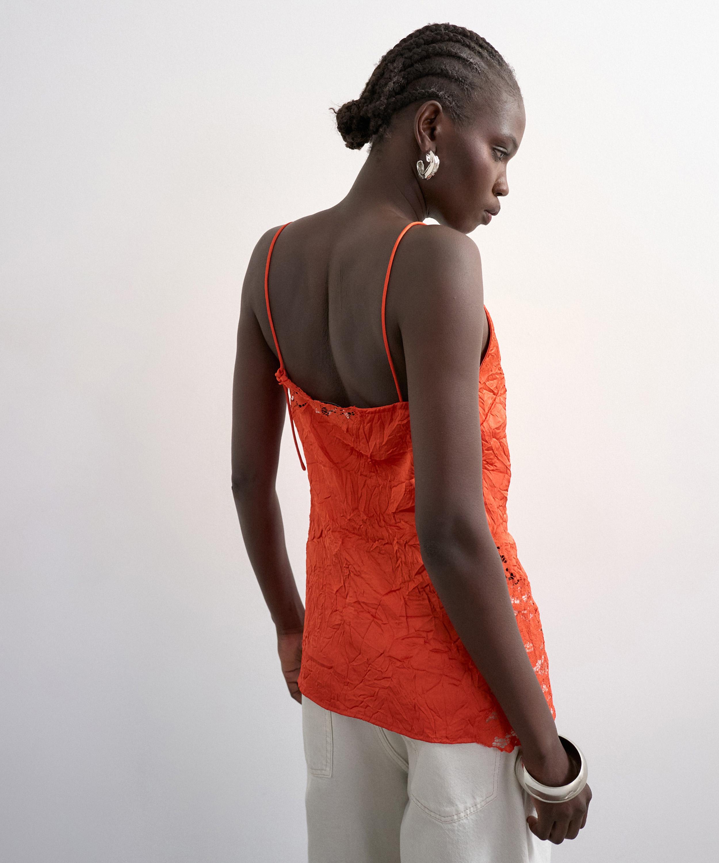 TOPSHOP - Rust Crinkle Satin Lace Insert Top image number 2