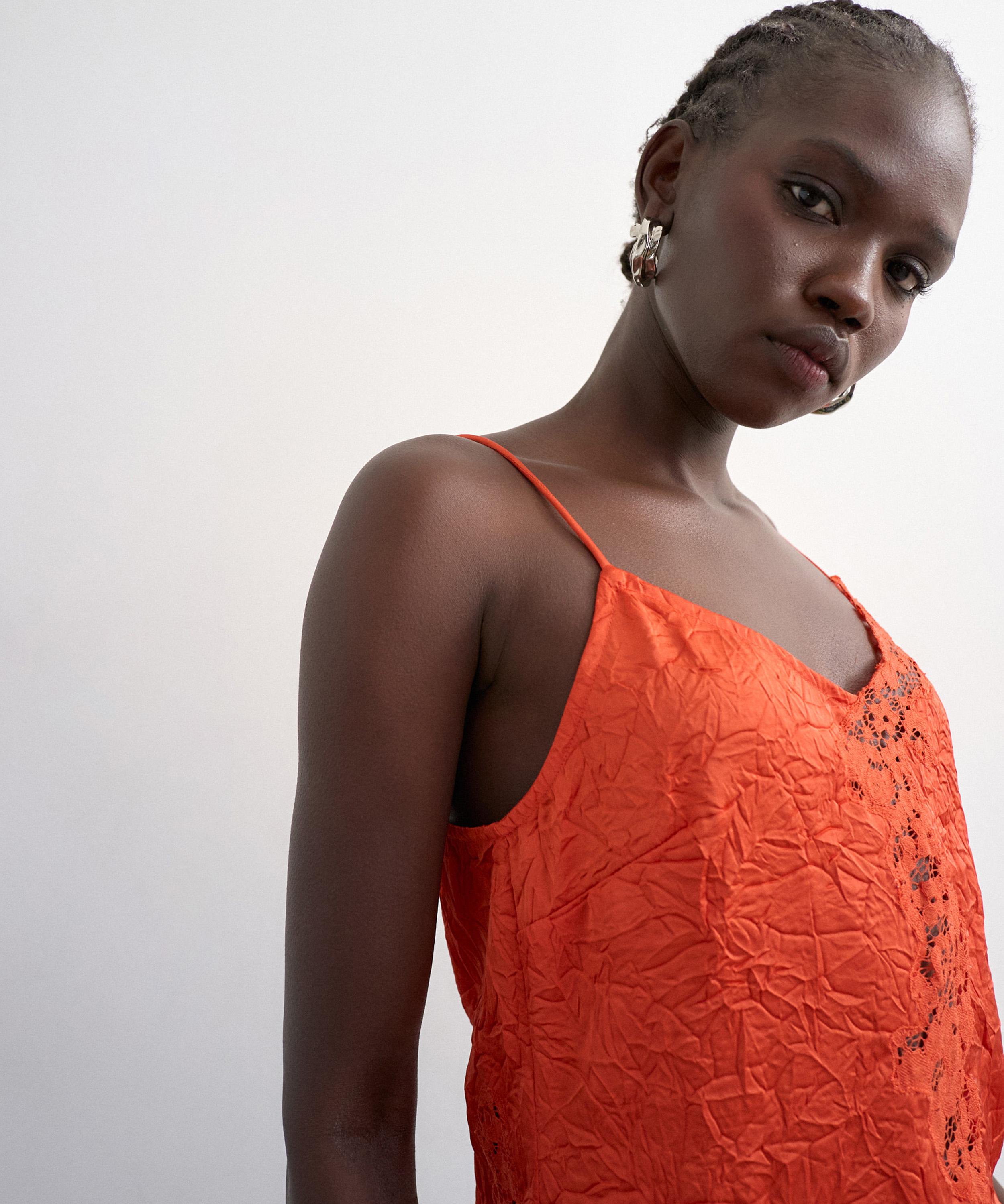 TOPSHOP - Rust Crinkle Satin Lace Insert Top image number 3