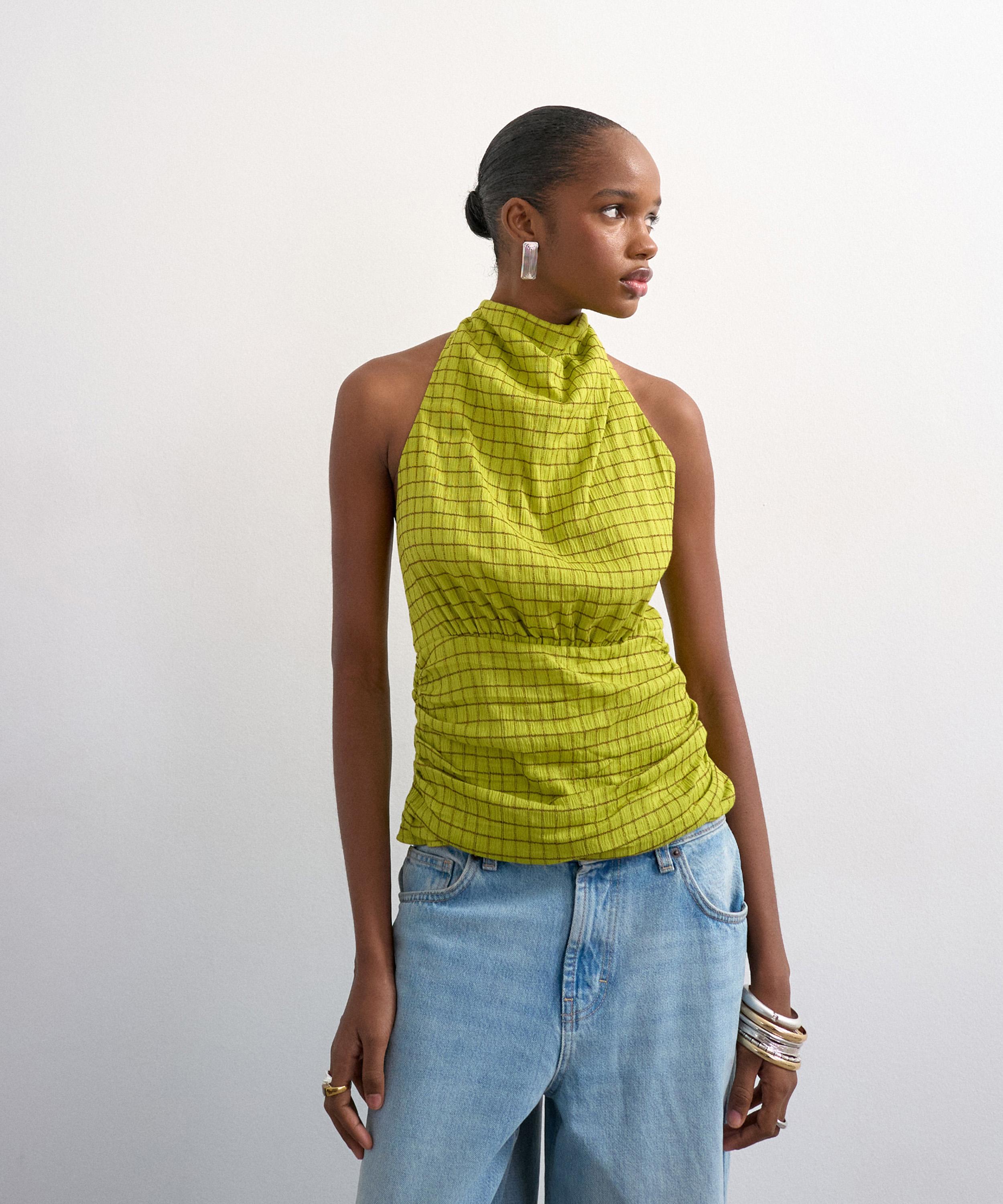 TOPSHOP - Green Check Fitted Halter-Neck Top