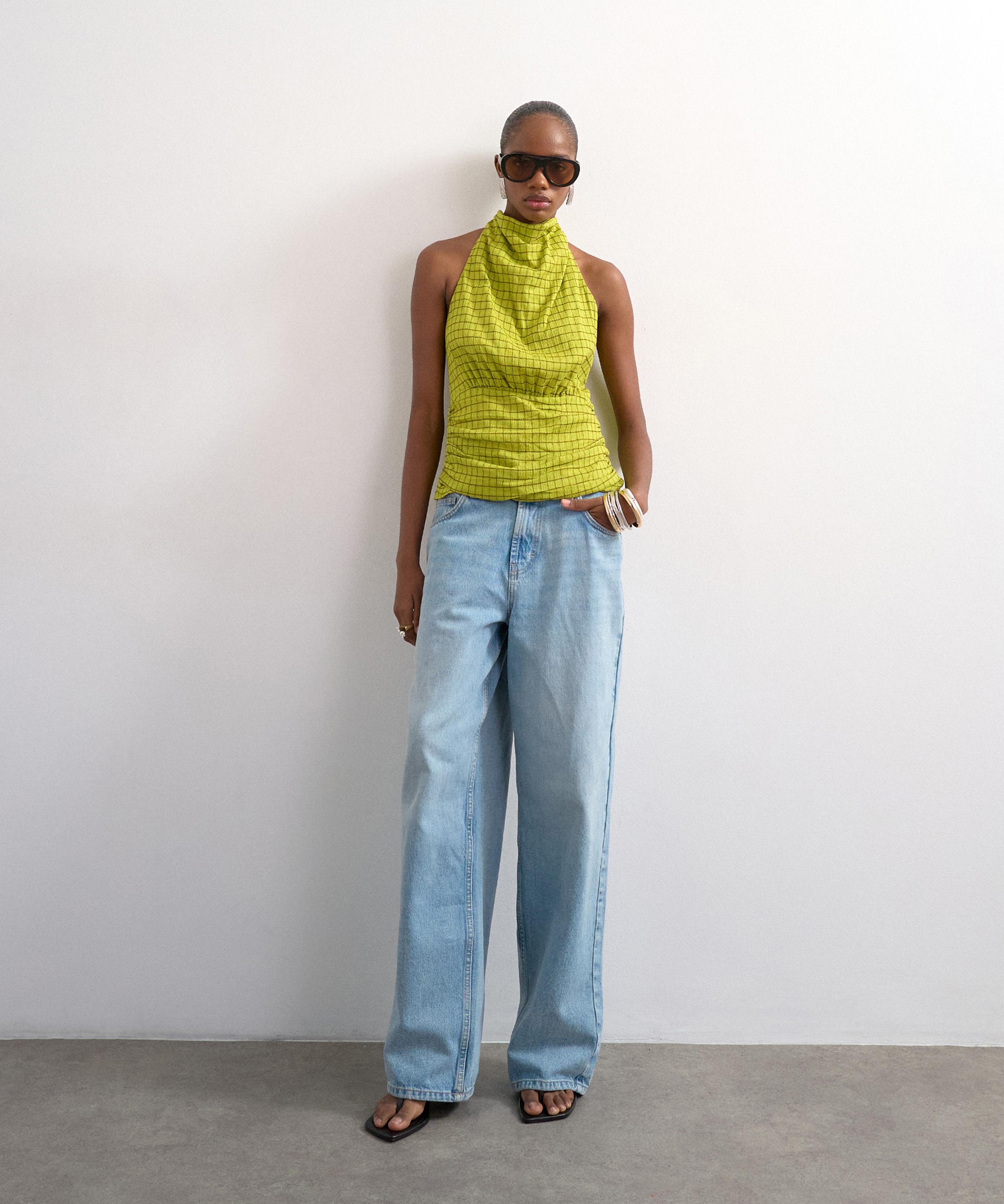 TOPSHOP - Green Check Fitted Halter-Neck Top image number 2