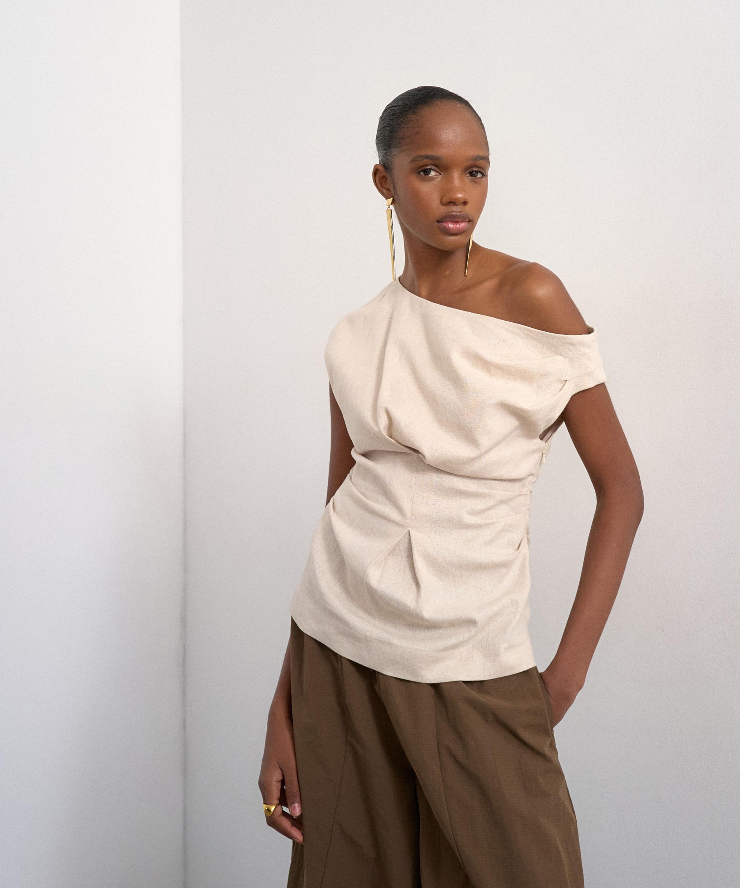 TOPSHOP - Linen Cinched Waist Asymmetric Top