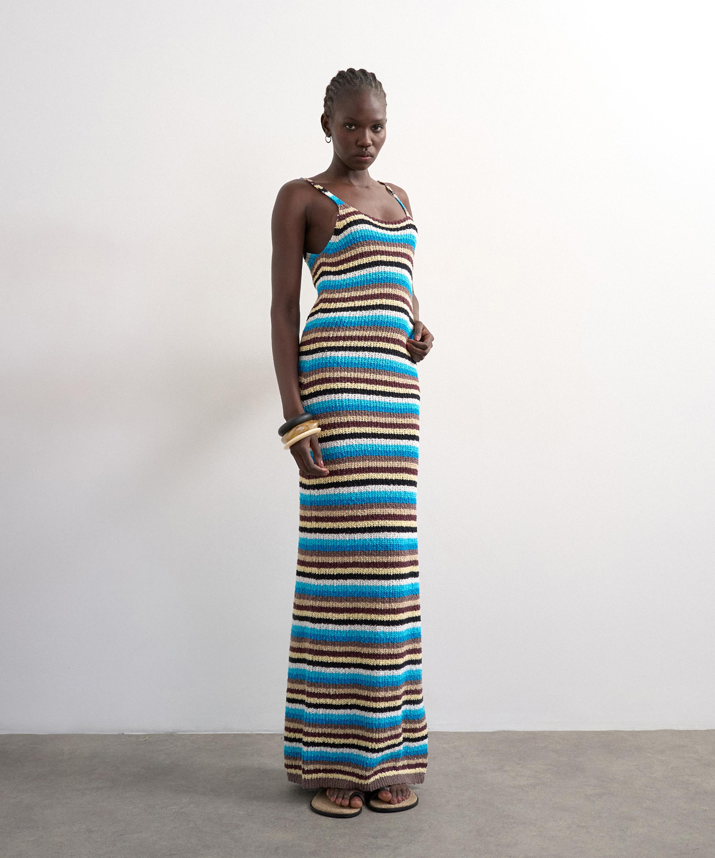 TOPSHOP - Blue Knitted Multi Stripe Midi Dress