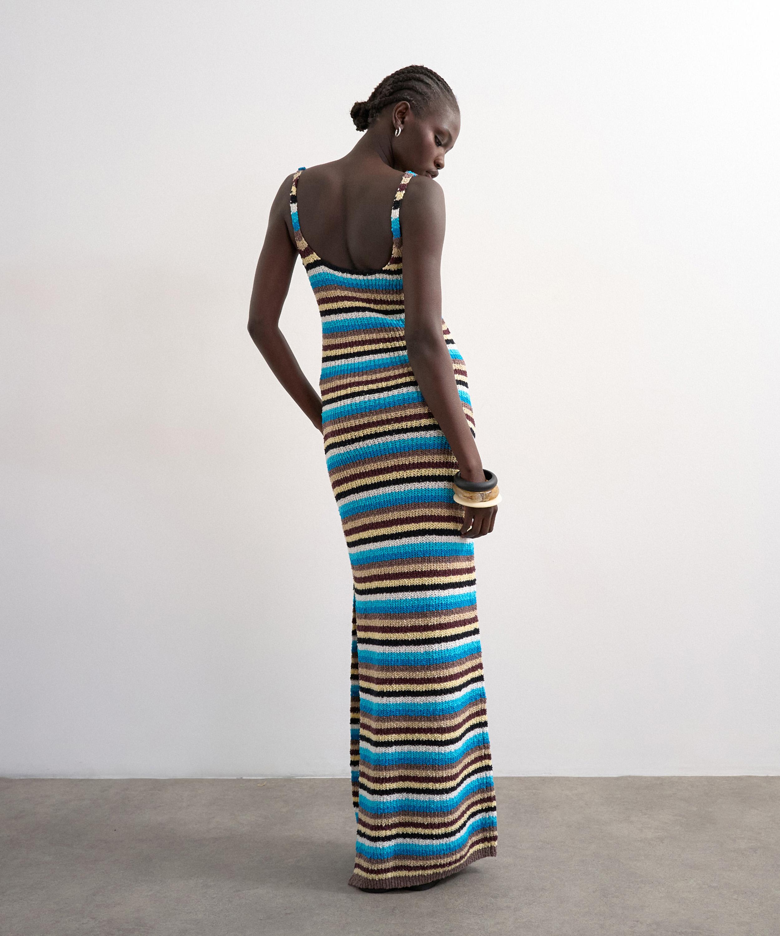 TOPSHOP - Blue Knitted Multi Stripe Midi Dress image number 1