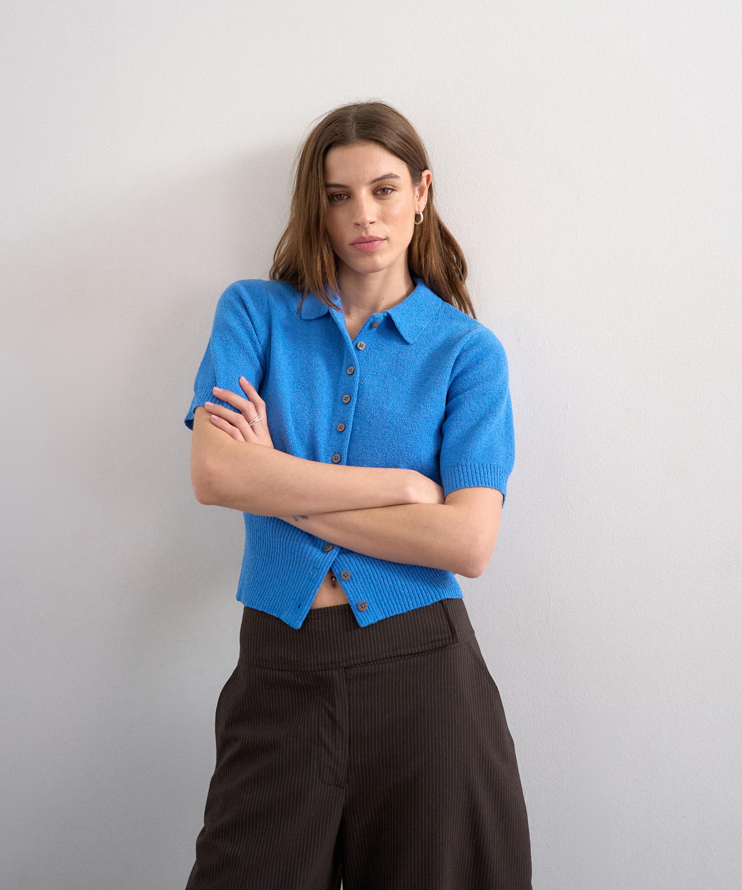 TOPSHOP - Blue Fine Knitted Cinch Waist Polo image number 1