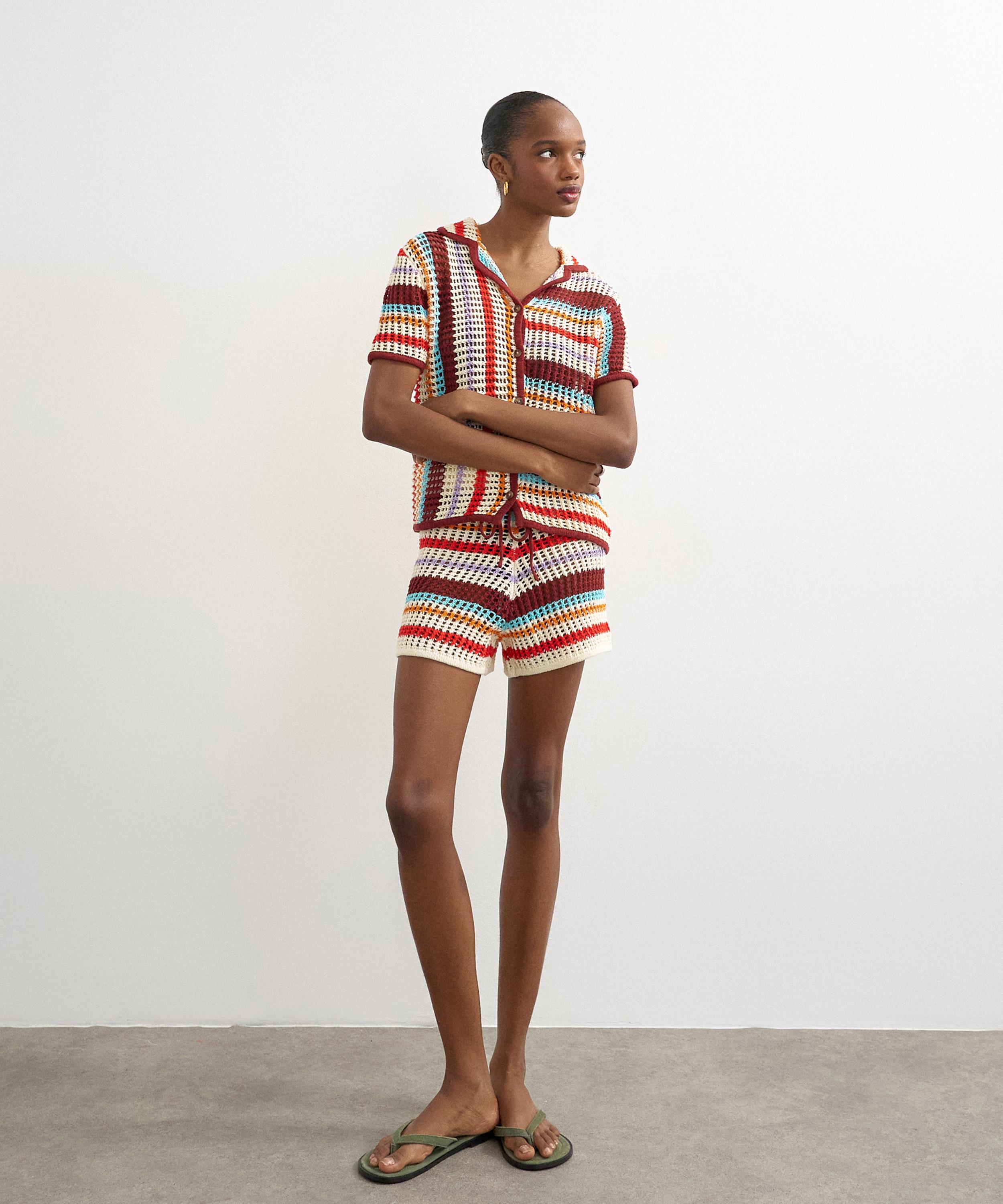 TOPSHOP - Burgundy Knitted Crochet Stripe Co-Ord Shirt