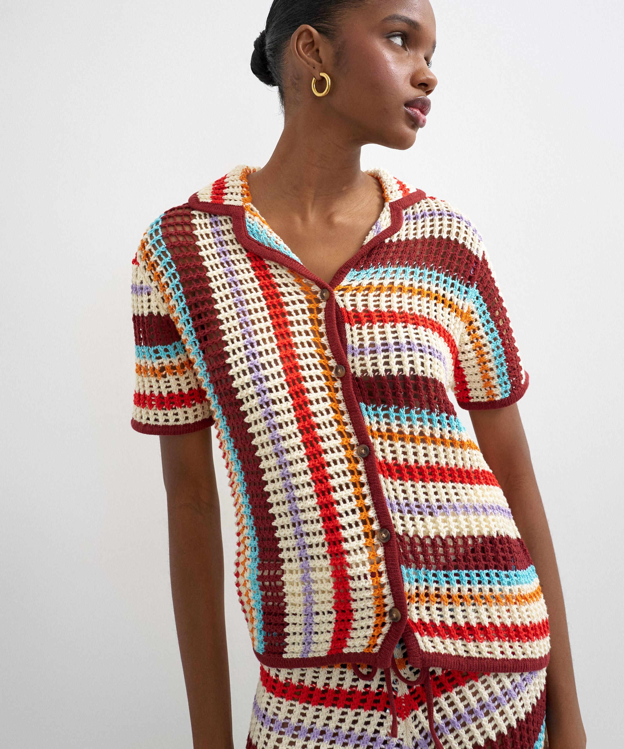 TOPSHOP - Burgundy Knitted Crochet Stripe Co-Ord Shirt image number 1