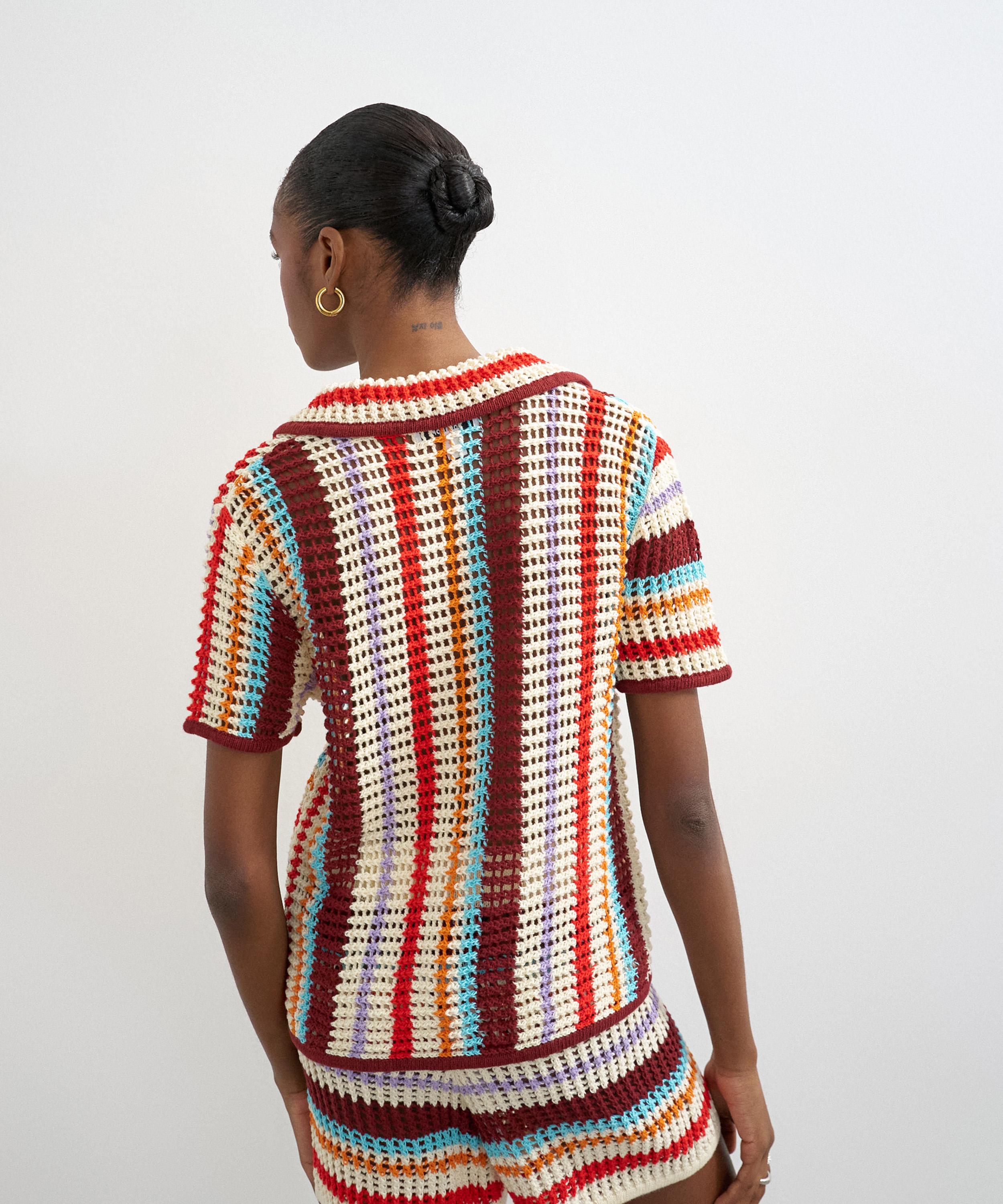 TOPSHOP - Burgundy Knitted Crochet Stripe Co-Ord Shirt image number 2