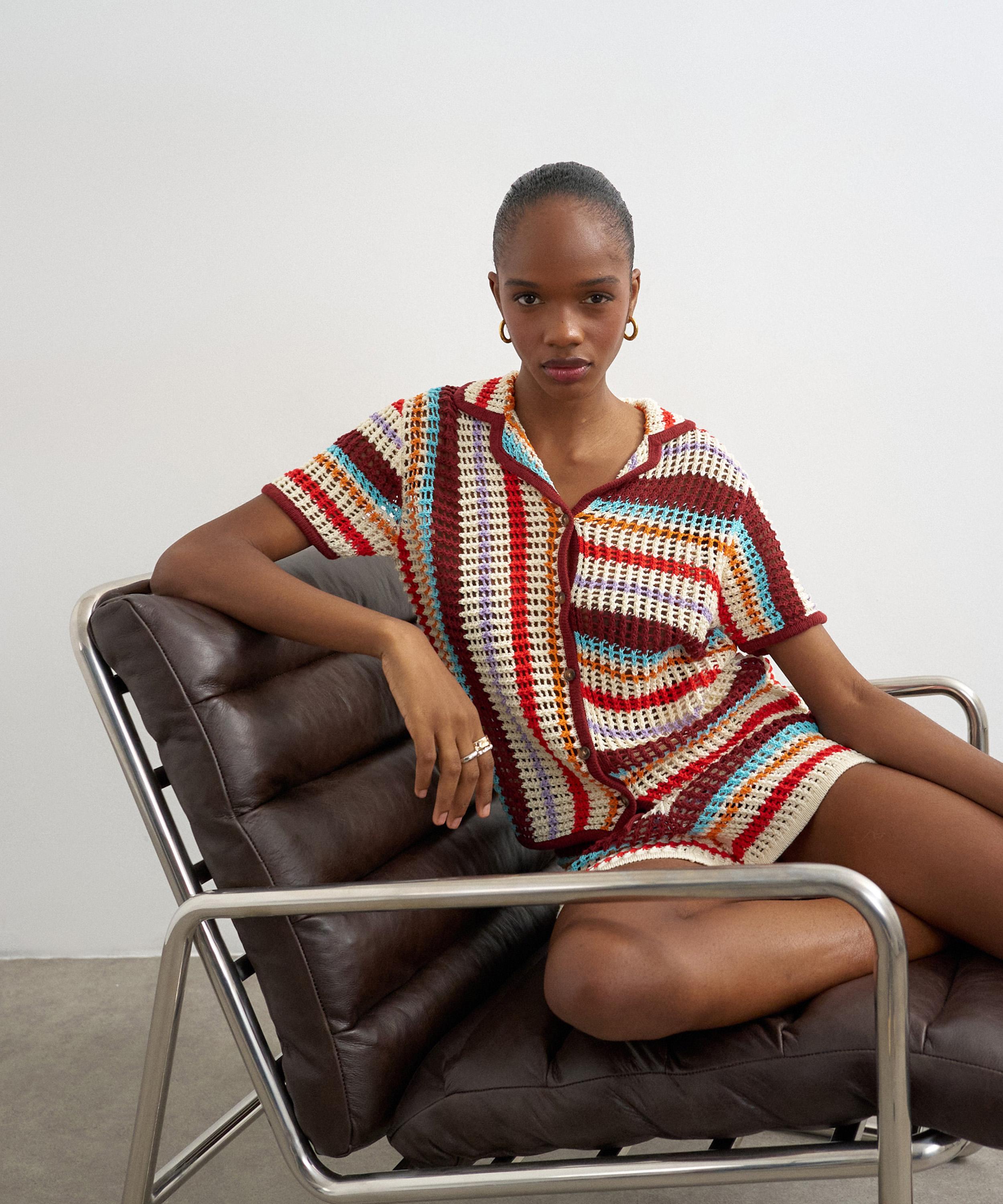 TOPSHOP - Burgundy Knitted Crochet Stripe Co-Ord Shirt image number 3