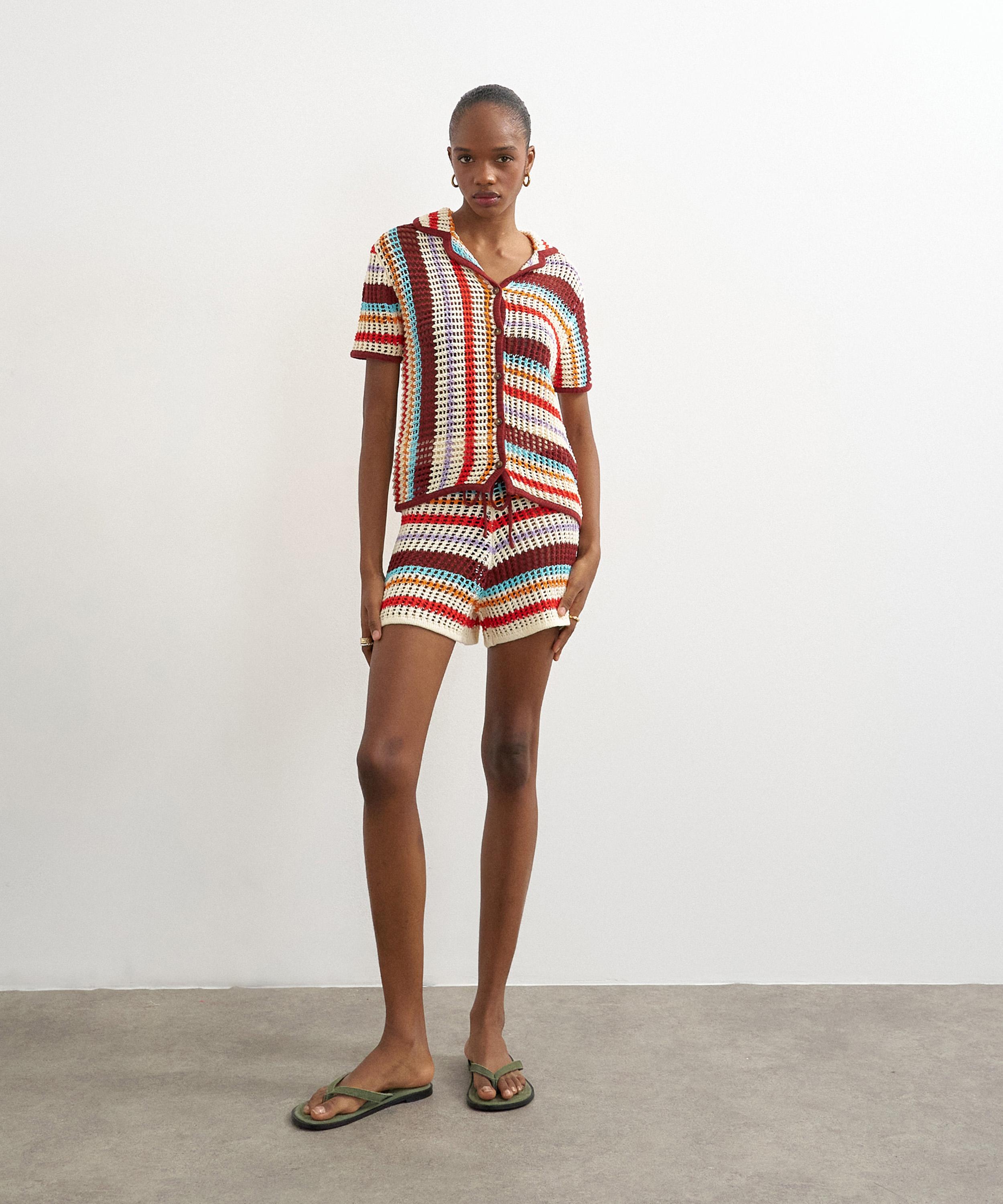 TOPSHOP - Burgundy Knitted Crochet Stripe Co-Ord Shorts