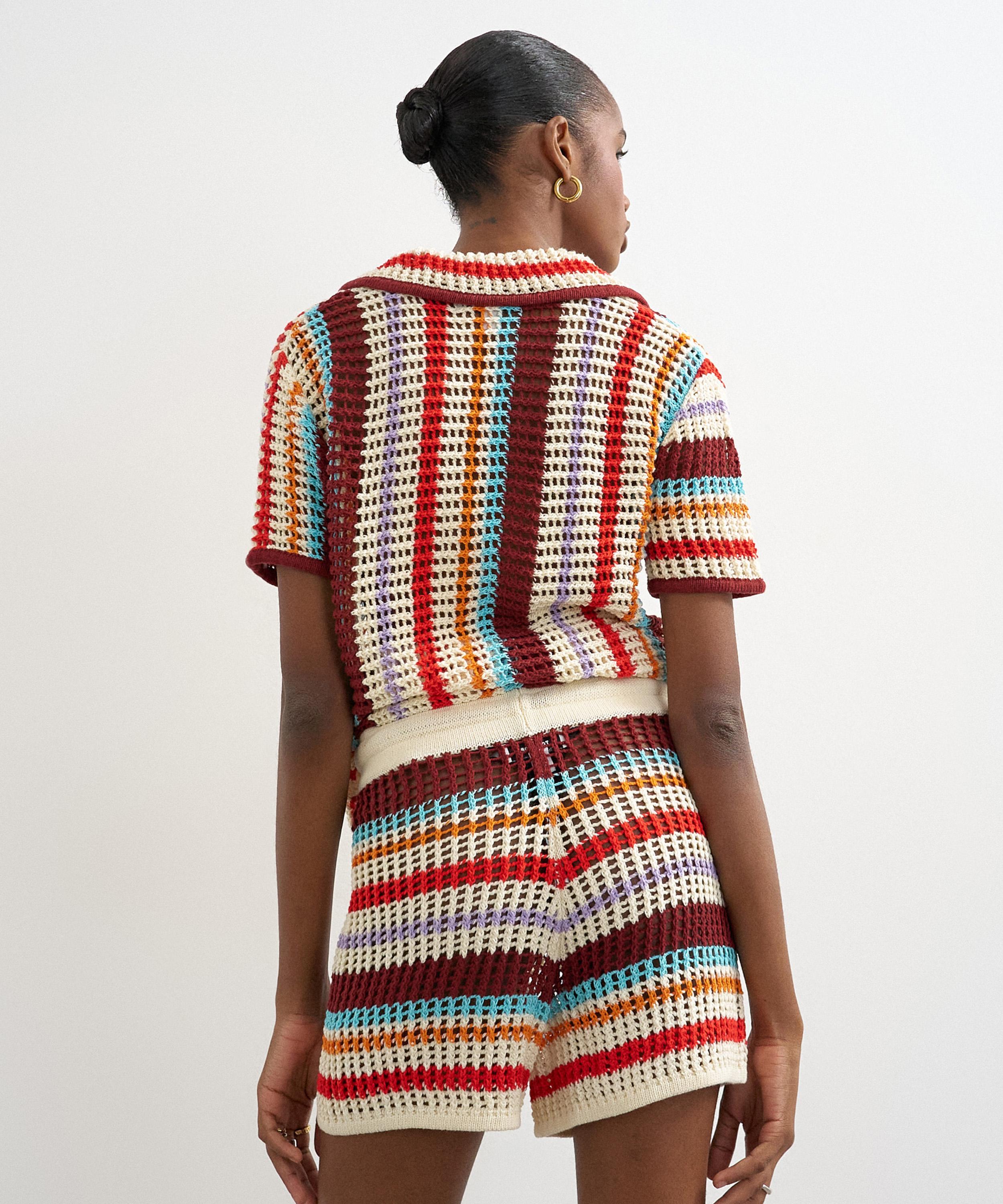 TOPSHOP - Burgundy Knitted Crochet Stripe Co-Ord Shorts image number 2