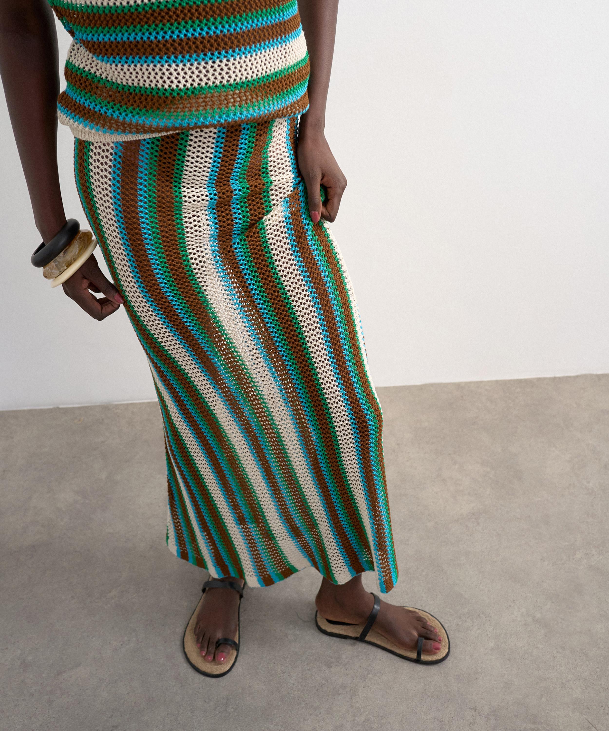 TOPSHOP - Blue-Brown Knitted Multi Stripe Co-Ord Maxi Skirt image number 1