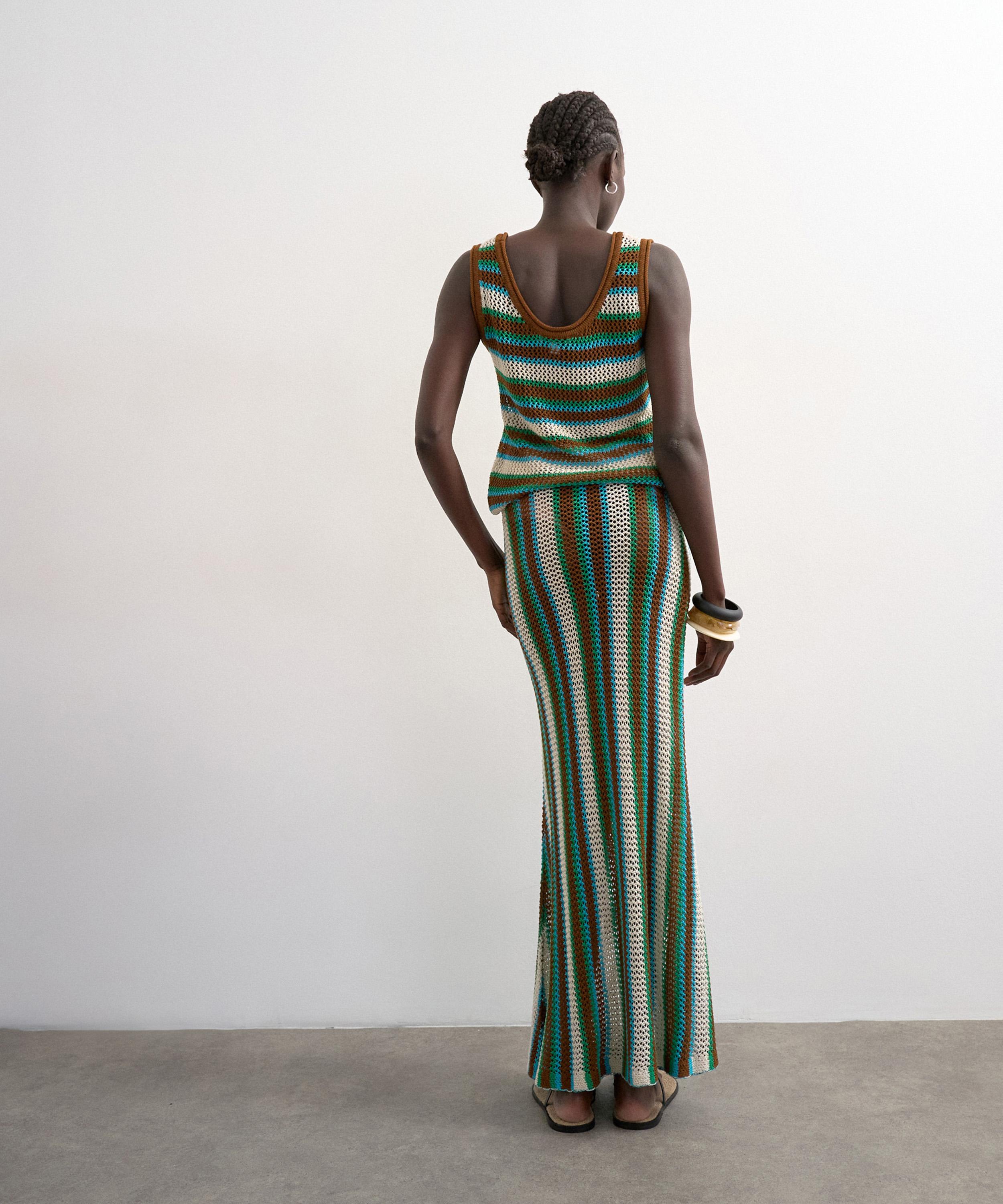 TOPSHOP - Blue-Brown Knitted Multi Stripe Co-Ord Maxi Skirt image number 2