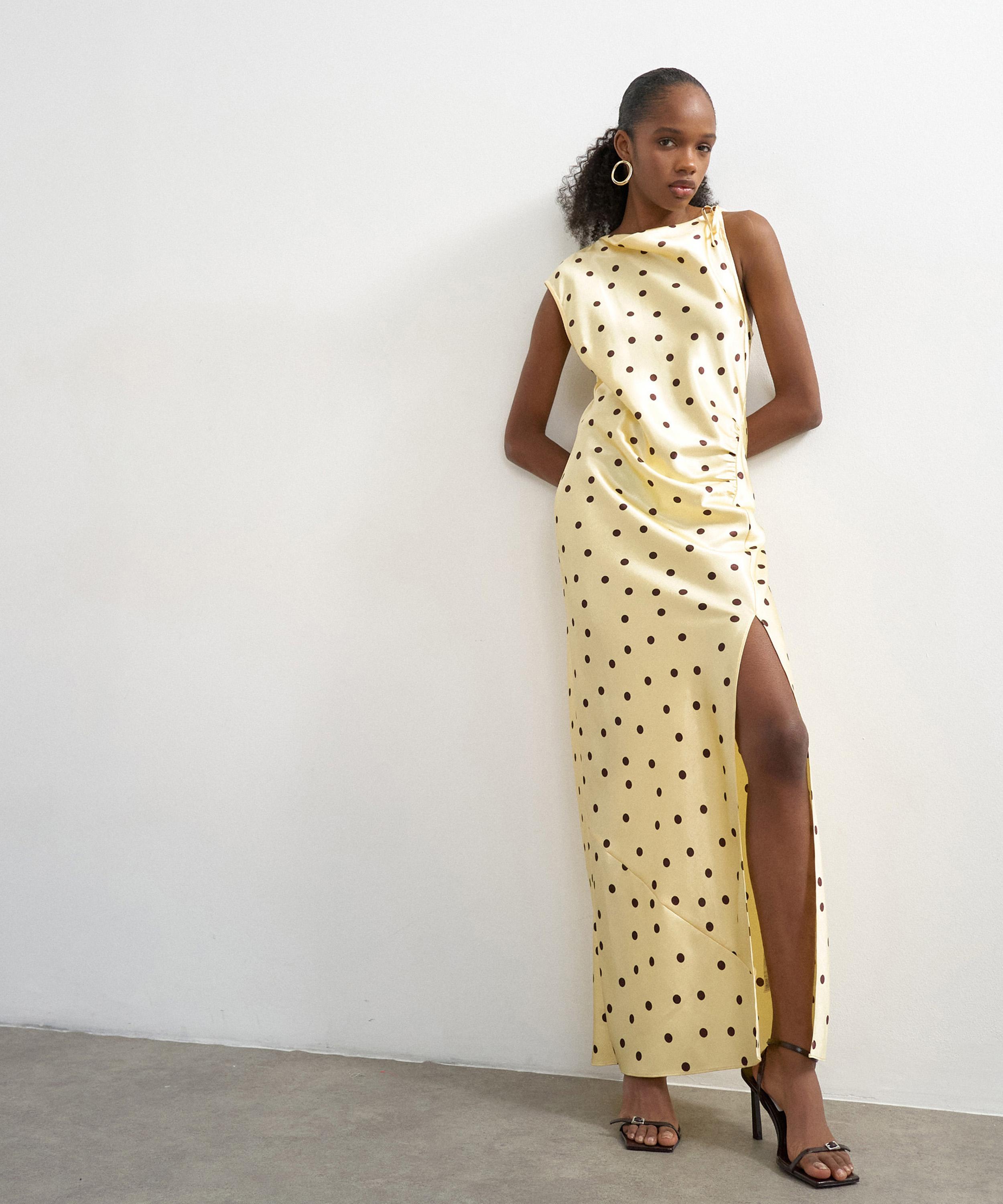 TOPSHOP - Yellow Polka-Dot Satin Tie-Shoulder Maxi Dress
