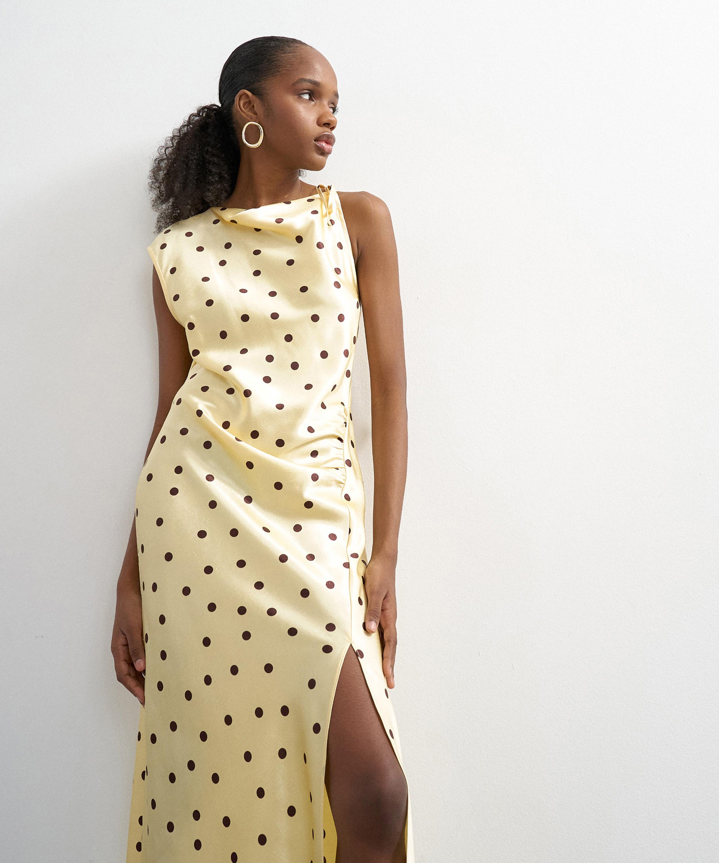 TOPSHOP - Yellow Polka-Dot Satin Tie-Shoulder Maxi Dress image number 1