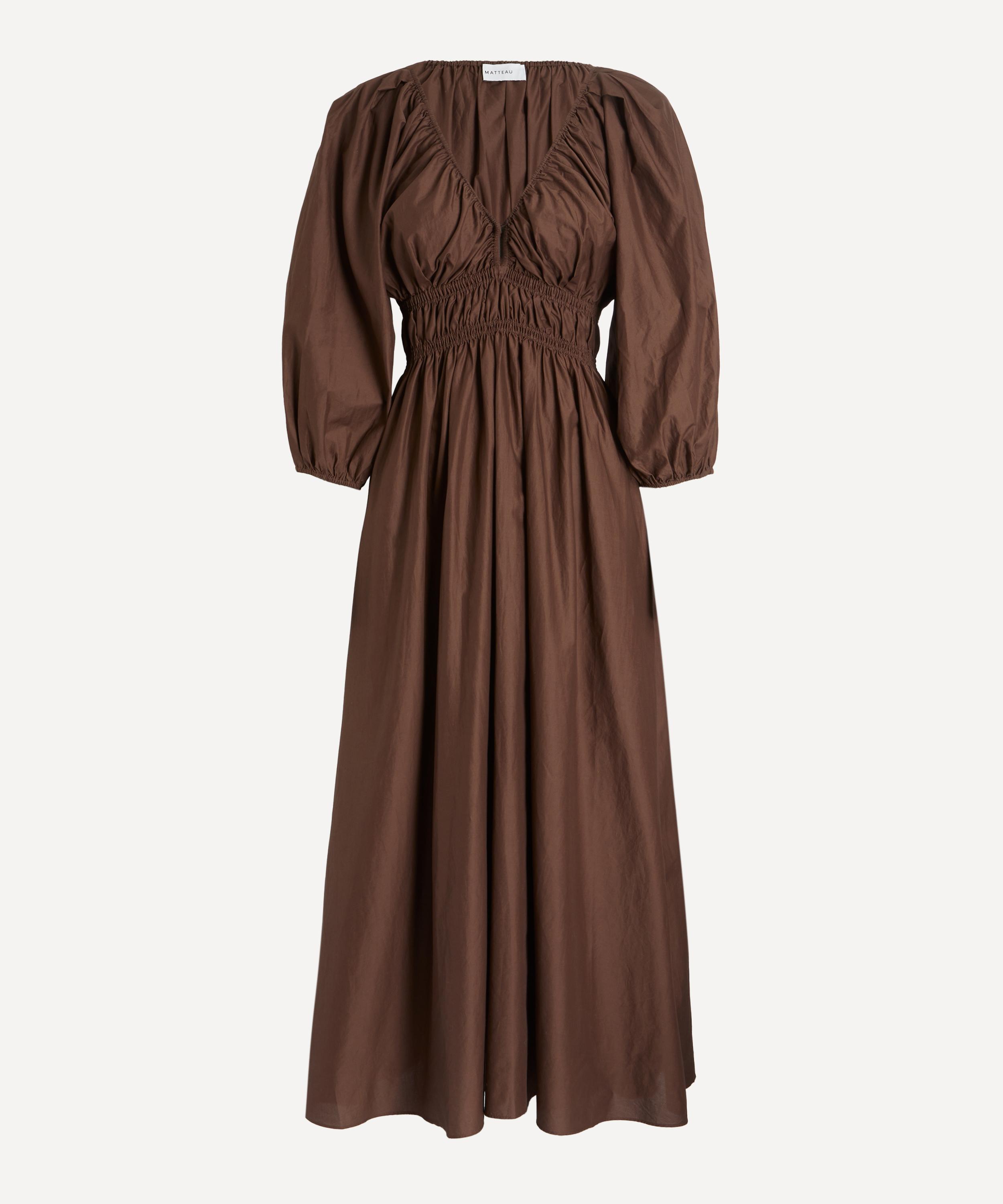 Matteau - Chocolate Shirred Plunge Button Midi Dress