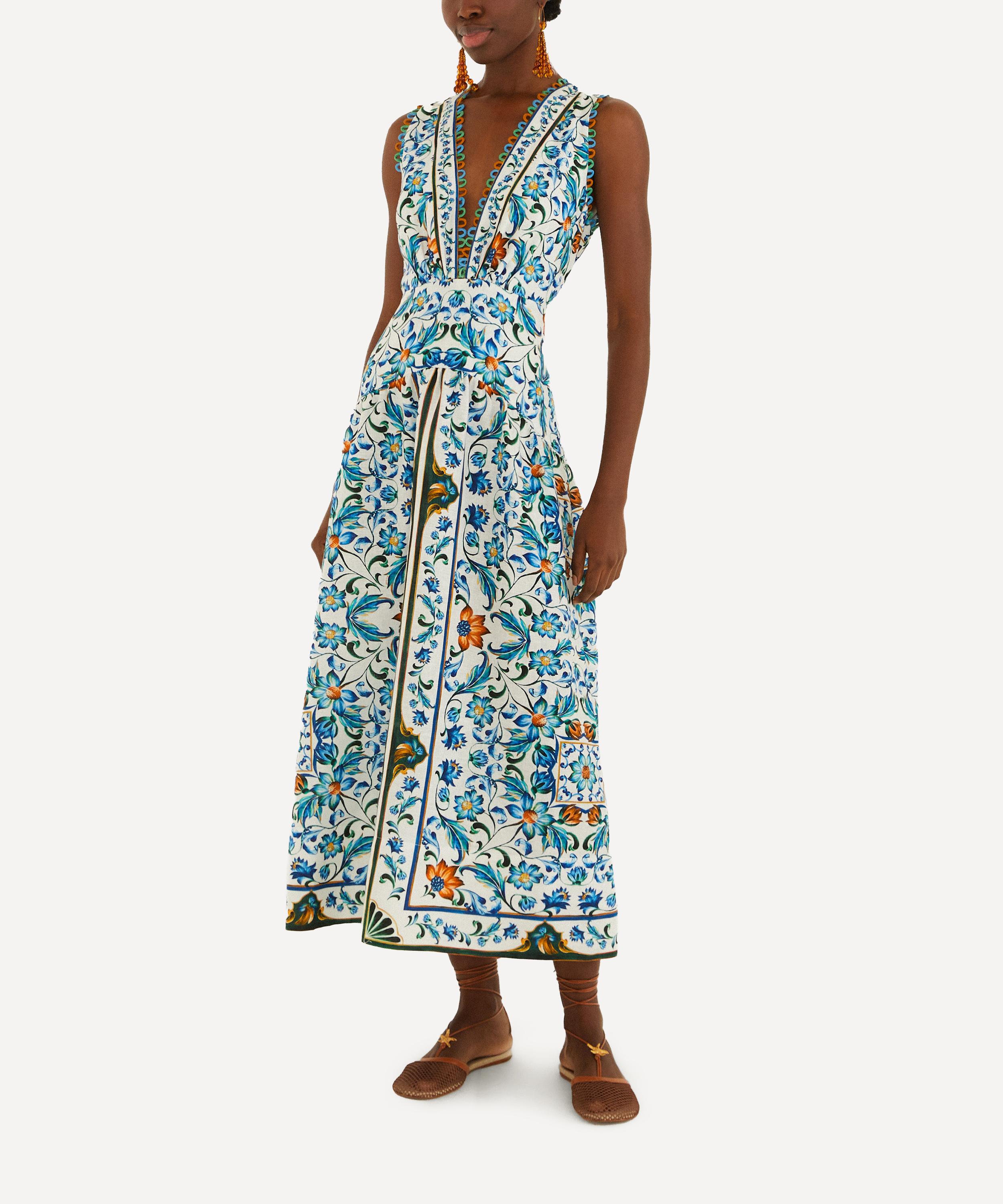 FARM Rio - Off-White Flora Tile Scallop Linen Dress