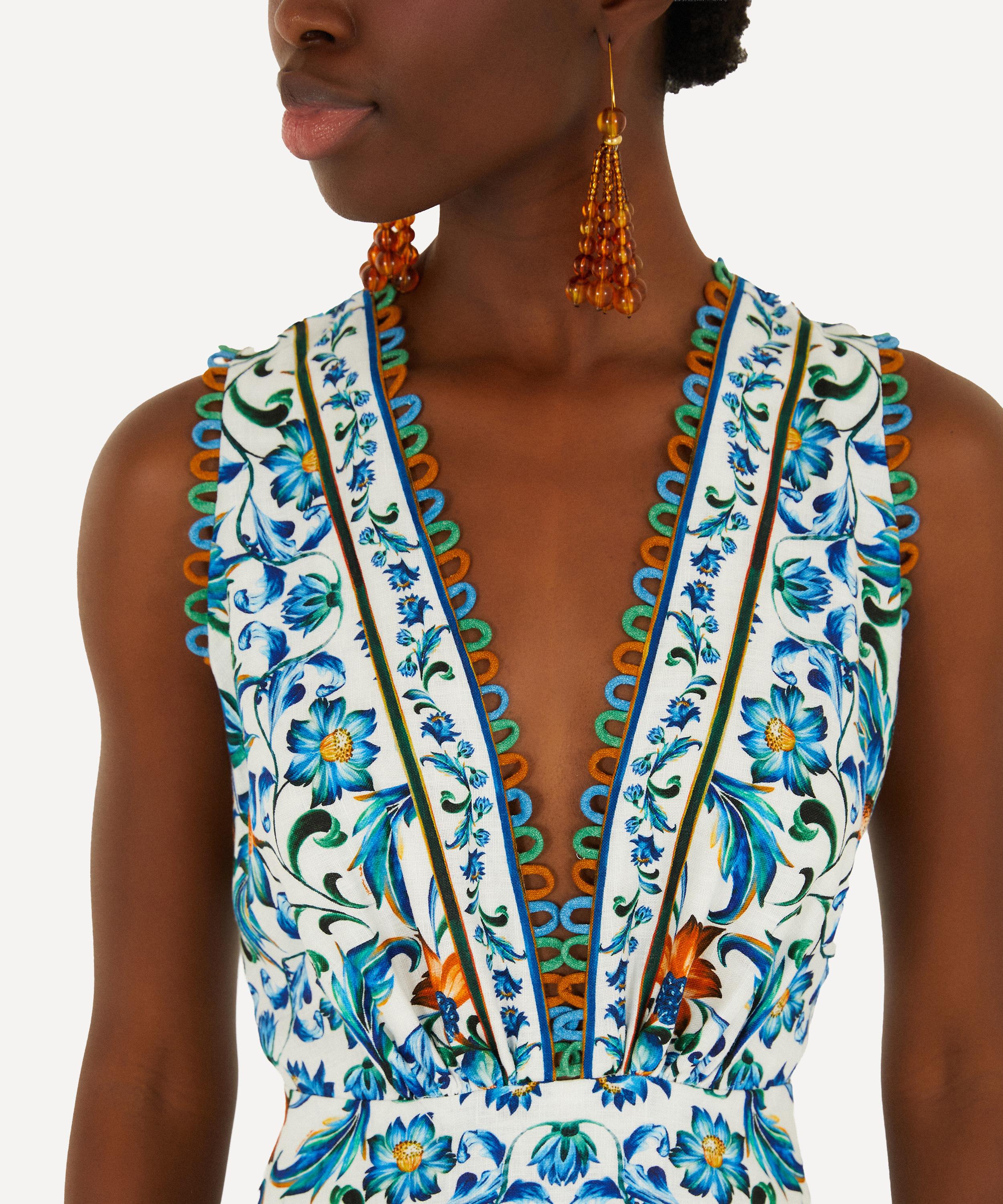 FARM Rio - Off-White Flora Tile Scallop Linen Dress image number 1