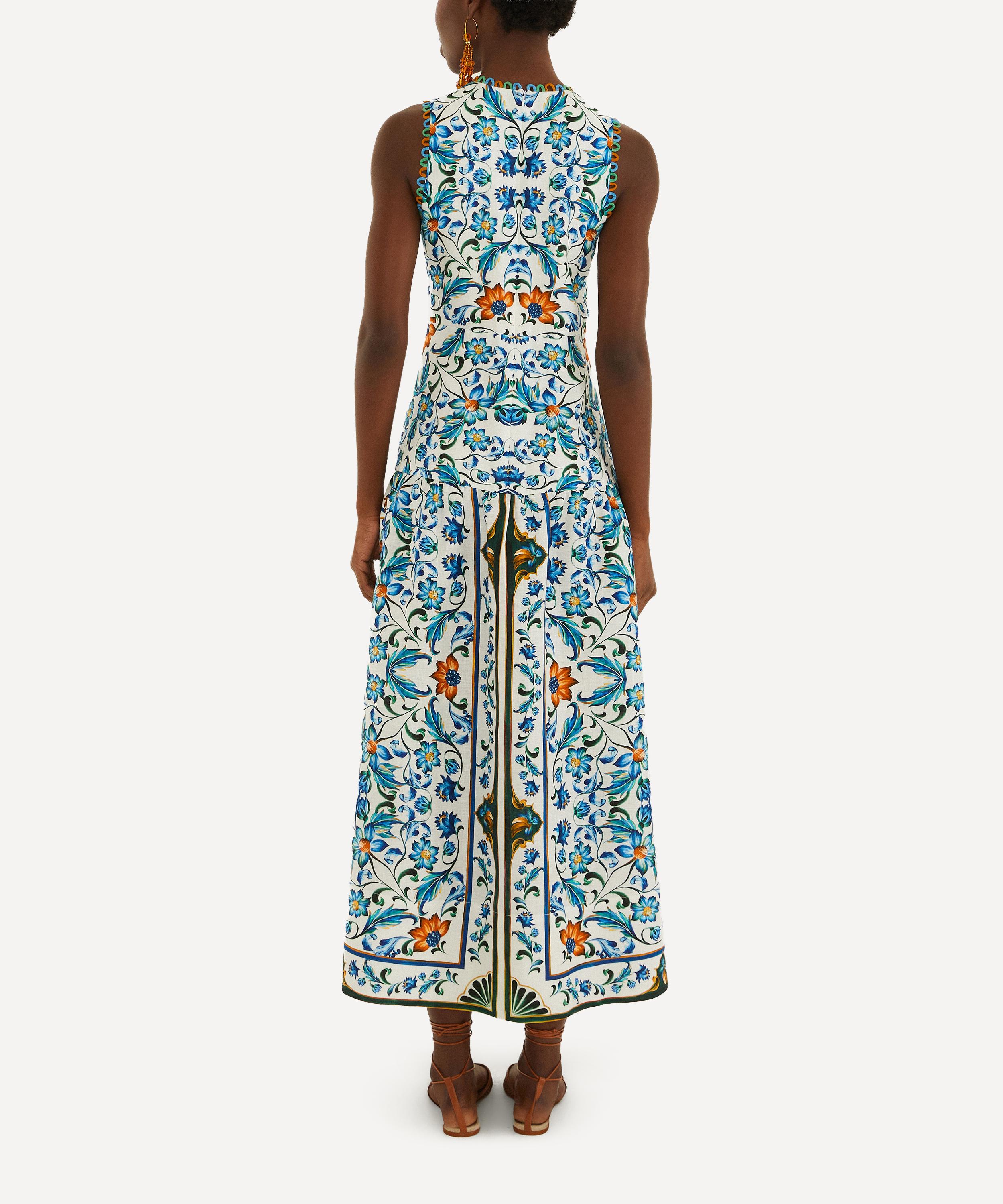 FARM Rio - Off-White Flora Tile Scallop Linen Dress image number 3