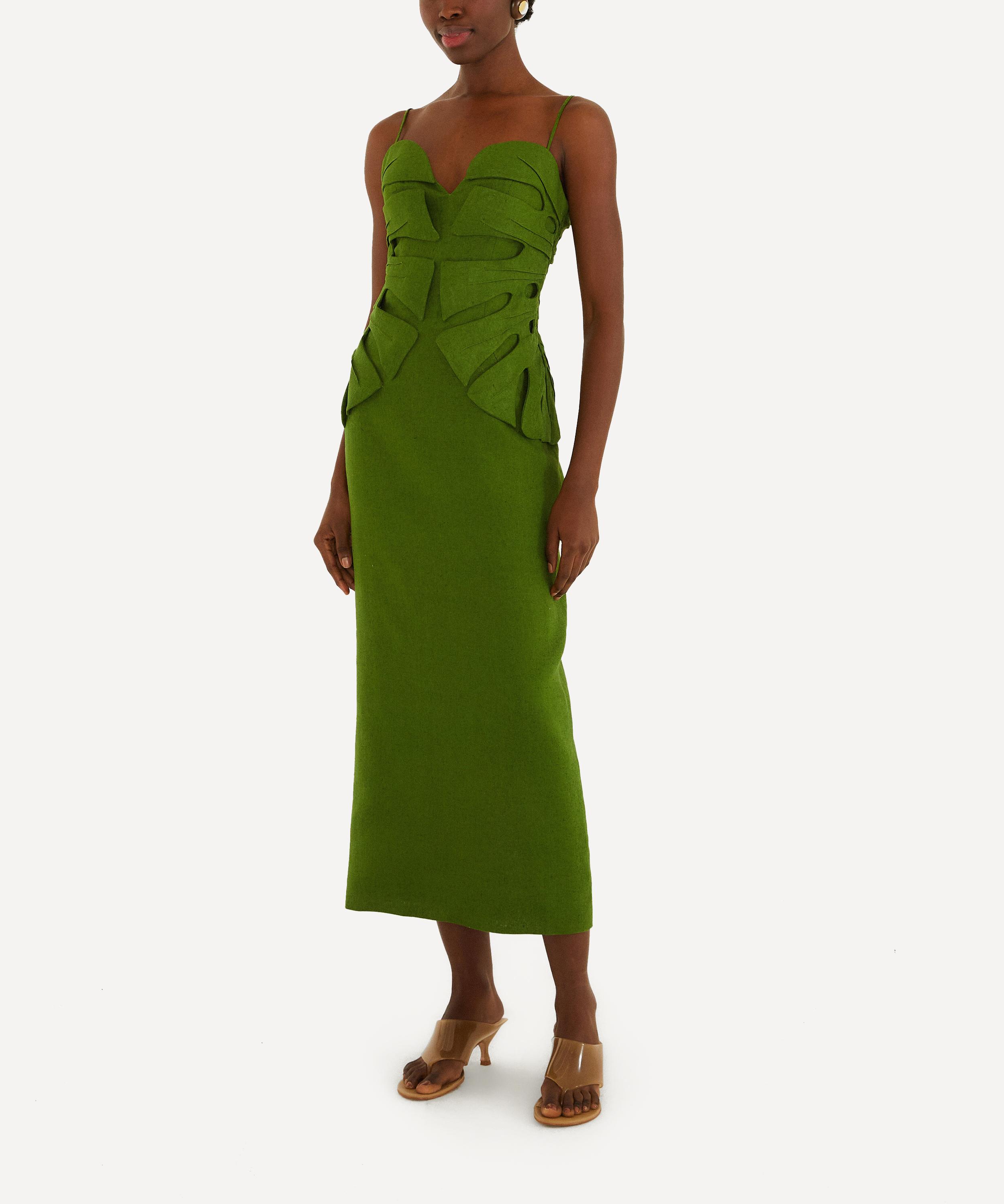 FARM Rio - Green Monstera Leaf Sleeveless Linen Maxi Dress