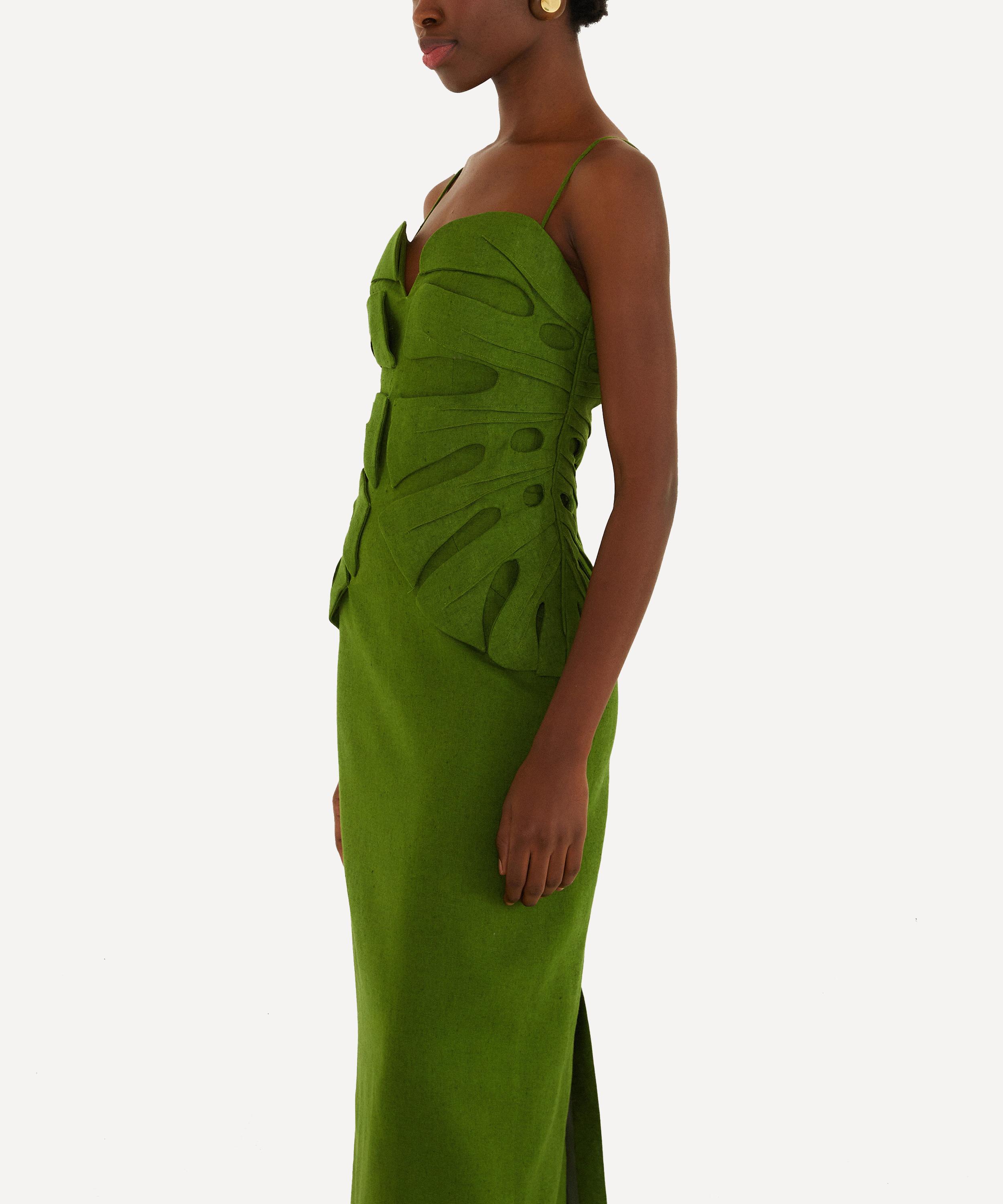 FARM Rio - Green Monstera Leaf Sleeveless Linen Maxi Dress image number 3