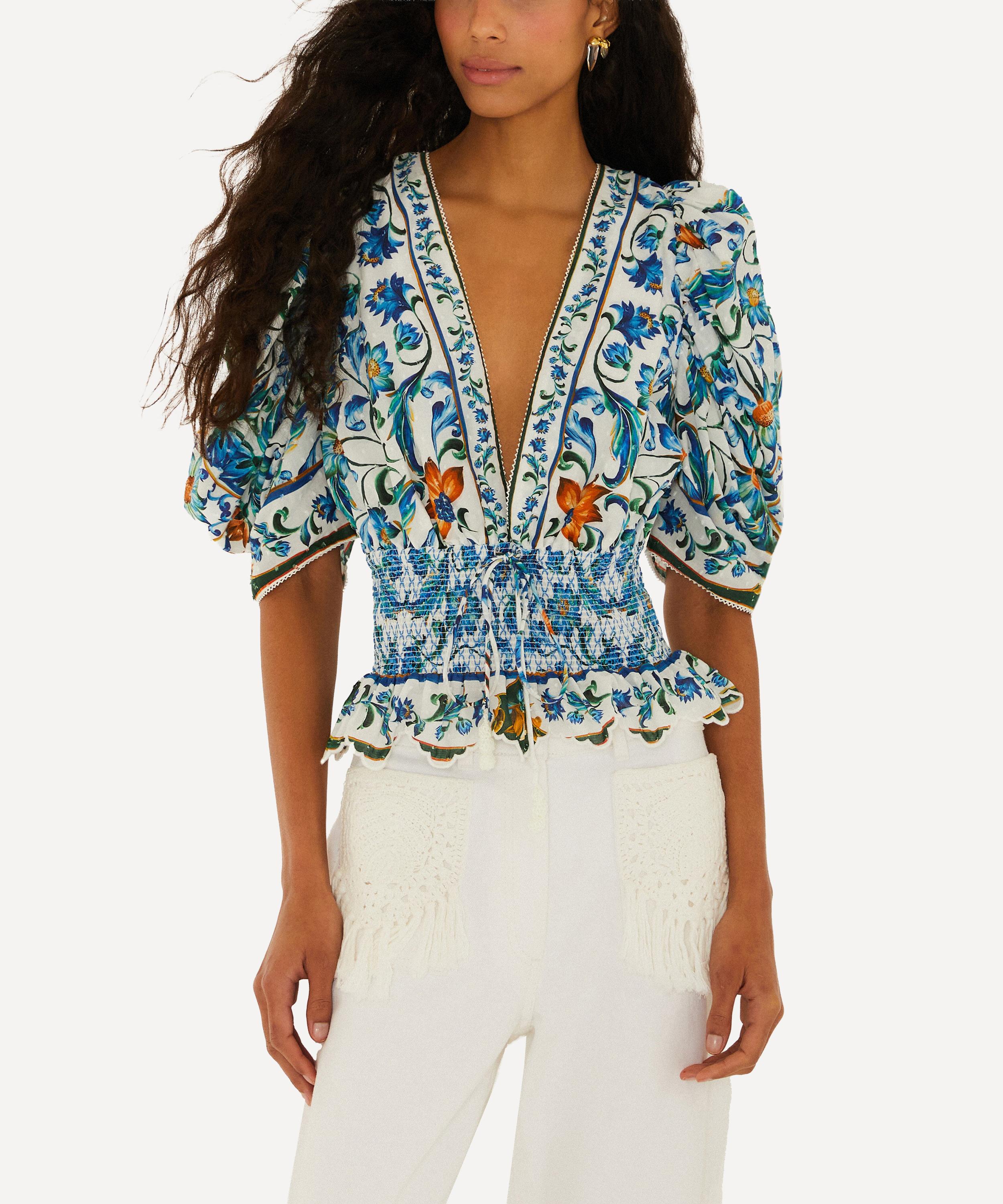 FARM Rio - Off-White Flora Tile Smocked Cotton Blouse