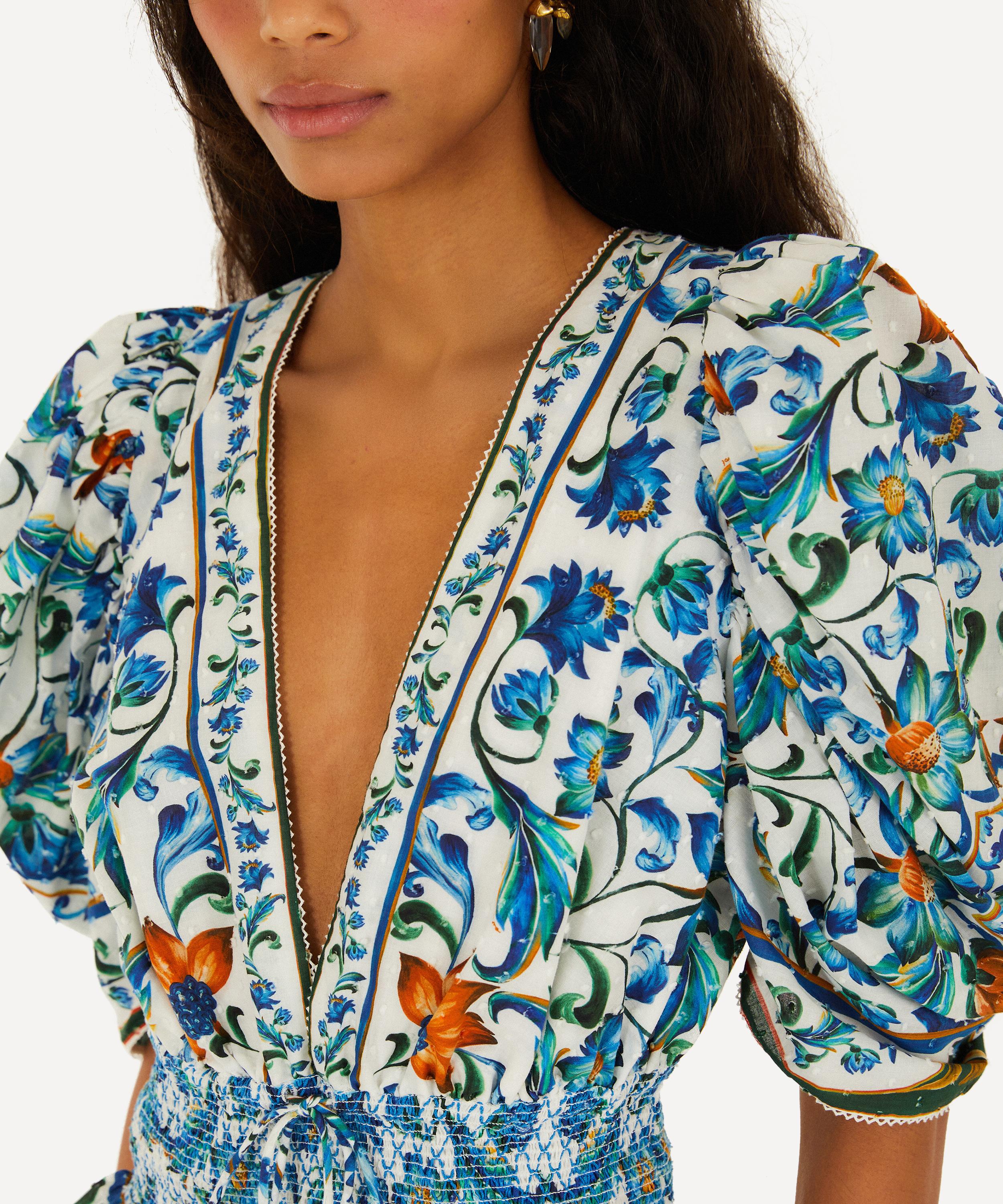 FARM Rio - Off-White Flora Tile Smocked Cotton Blouse image number 1