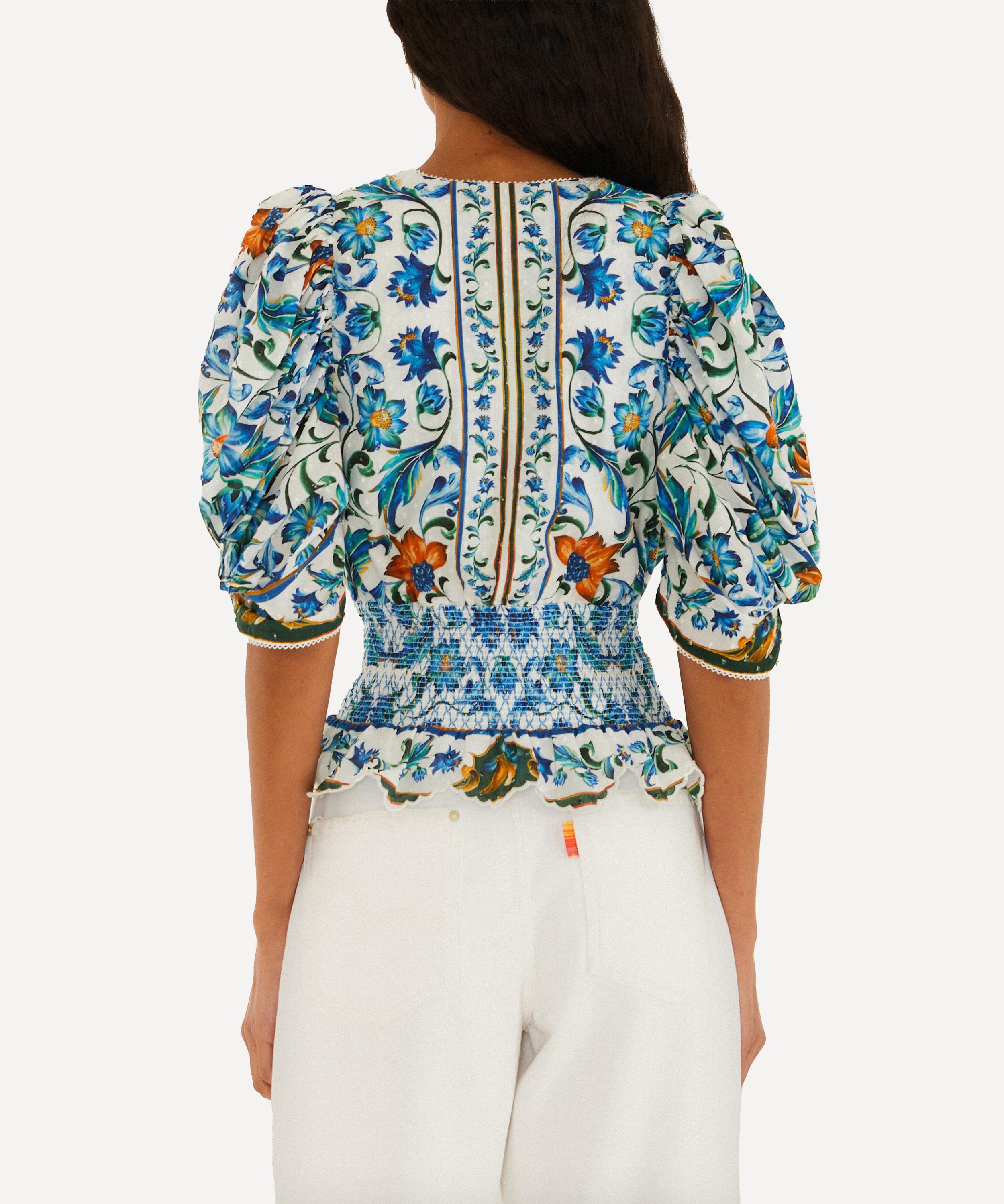 FARM Rio - Off-White Flora Tile Smocked Cotton Blouse image number 3