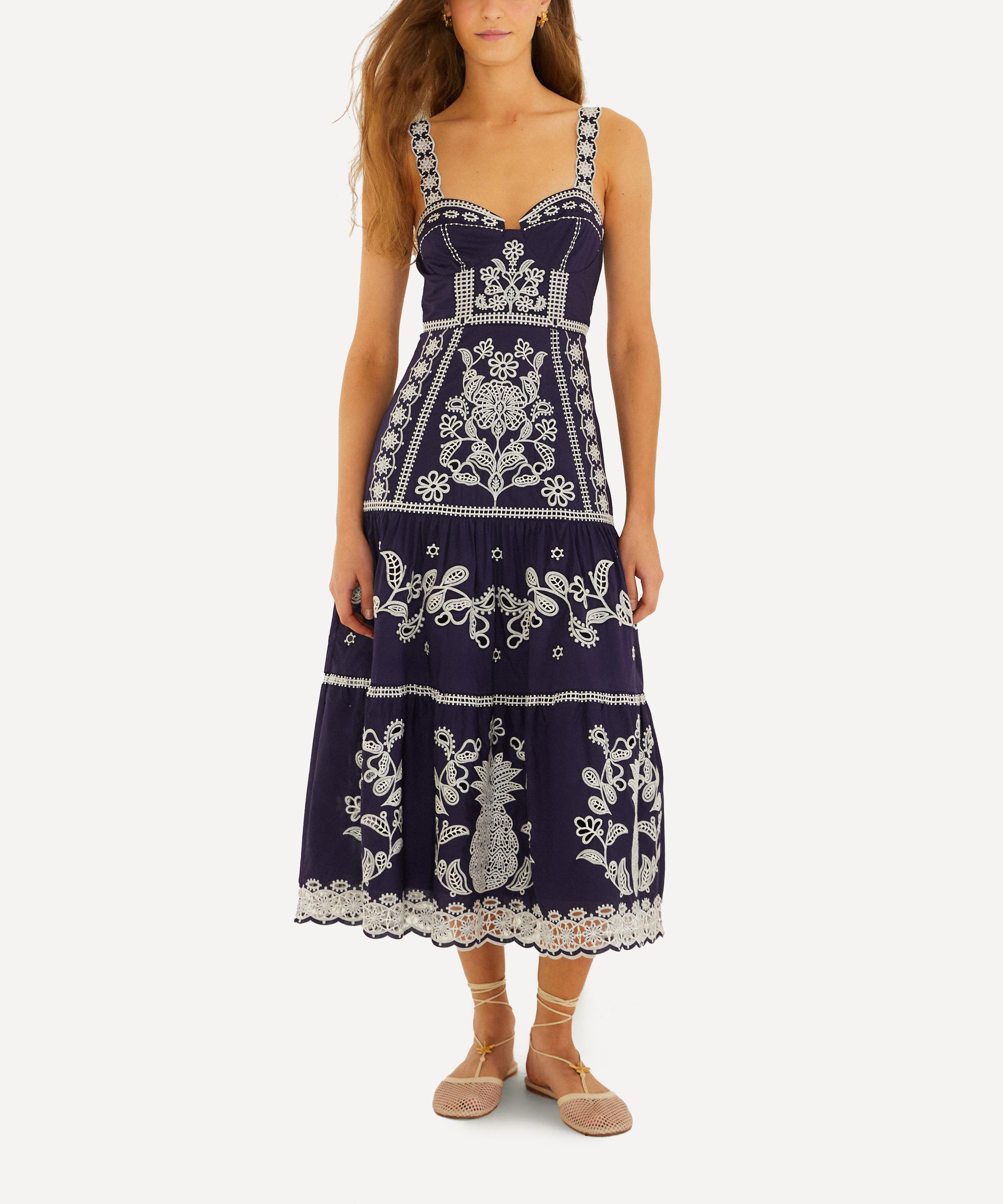 FARM Rio - Blue Richelieu Embroidered Cotton Midi Dress