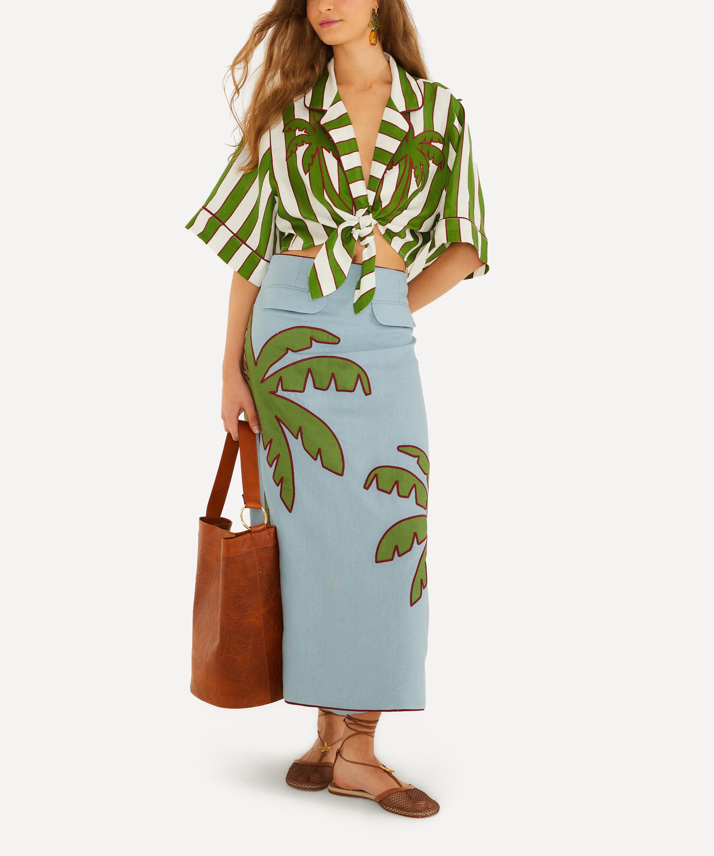 FARM Rio - Blue Embroidered Palm Tree Linen Maxi Skirt