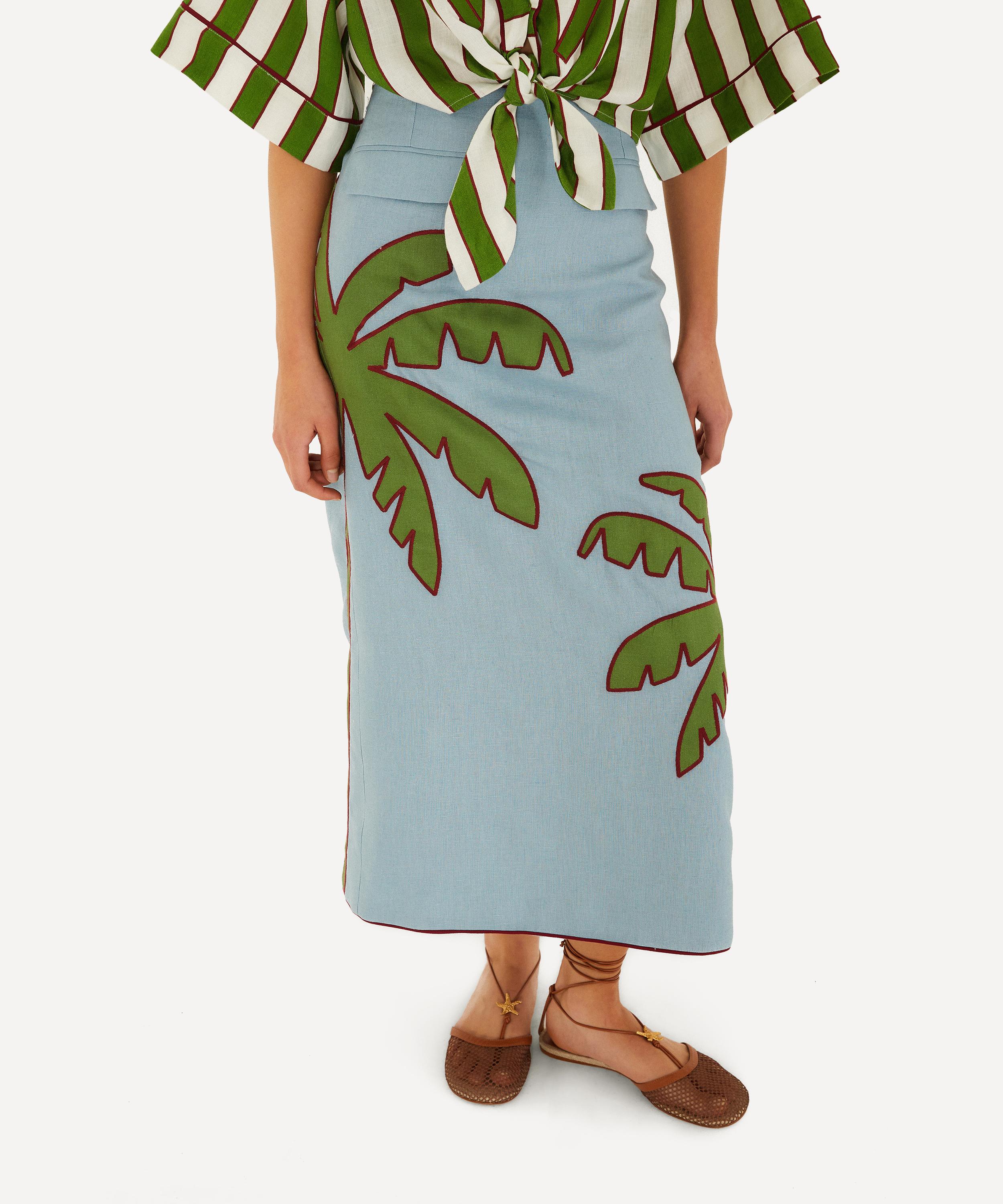 FARM Rio - Blue Embroidered Palm Tree Linen Maxi Skirt image number 1