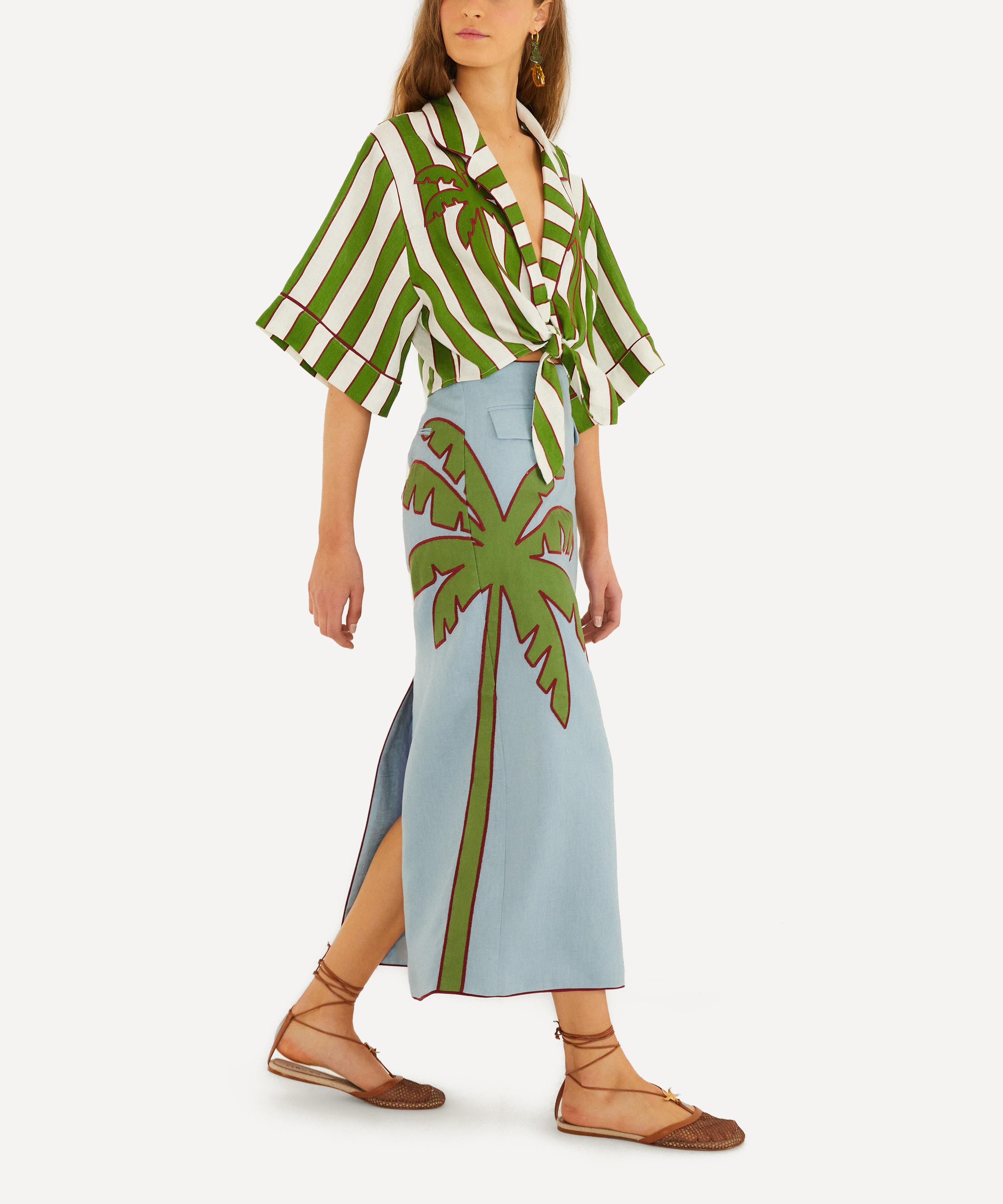 FARM Rio - Blue Embroidered Palm Tree Linen Maxi Skirt image number 2