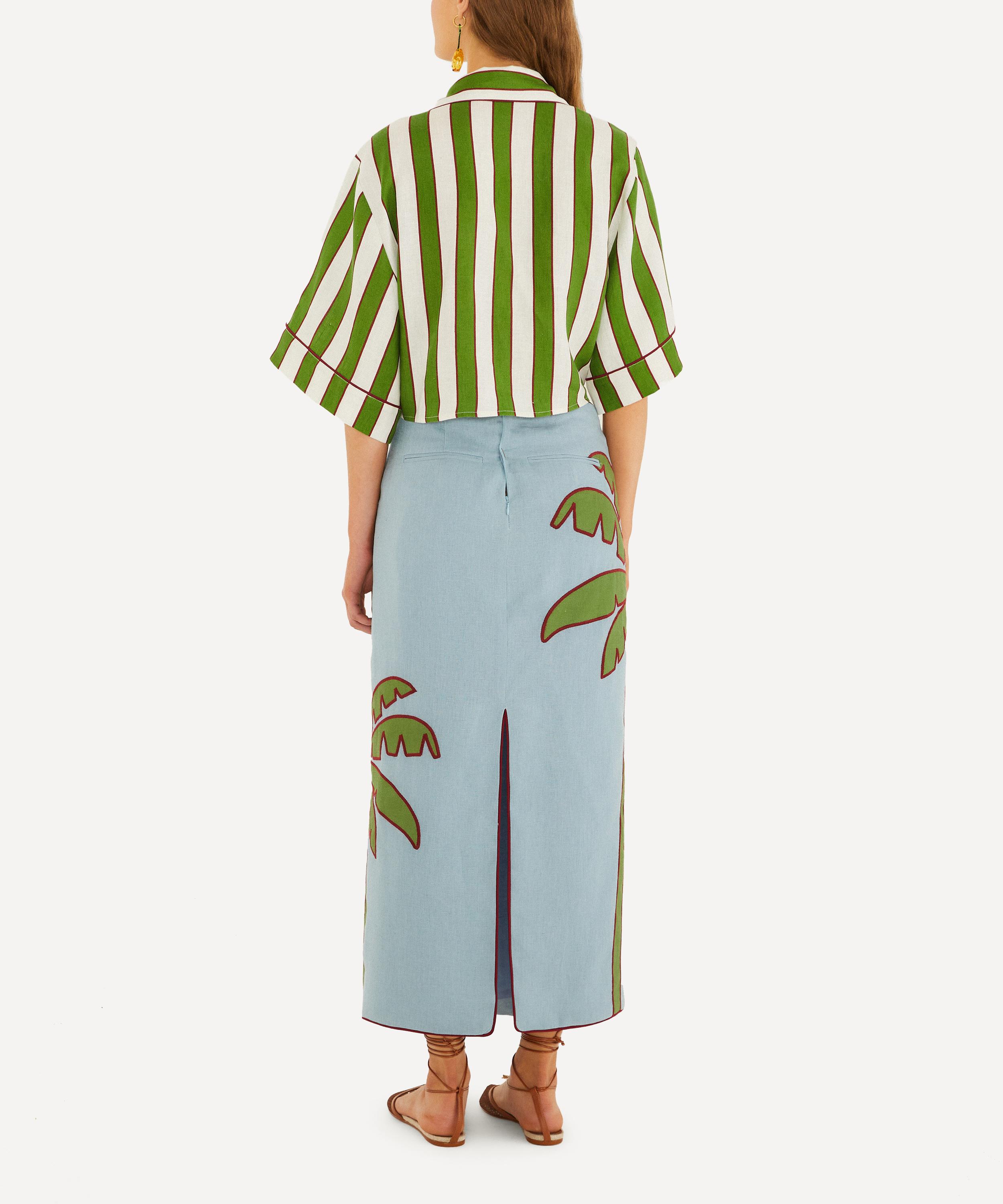 FARM Rio - Blue Embroidered Palm Tree Linen Maxi Skirt image number 3