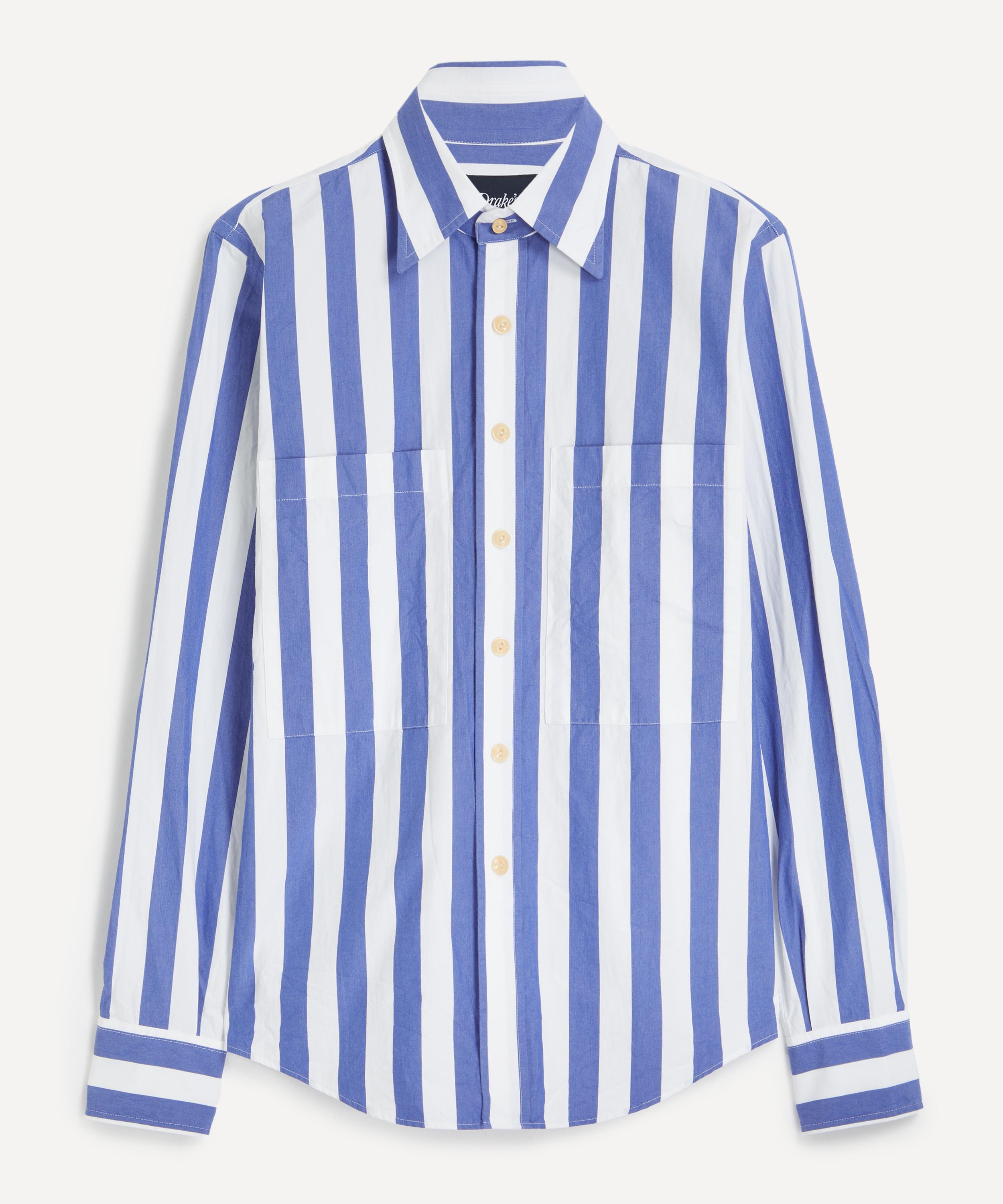Drakes - Blue-White Awning Stripe Cotton Shirt