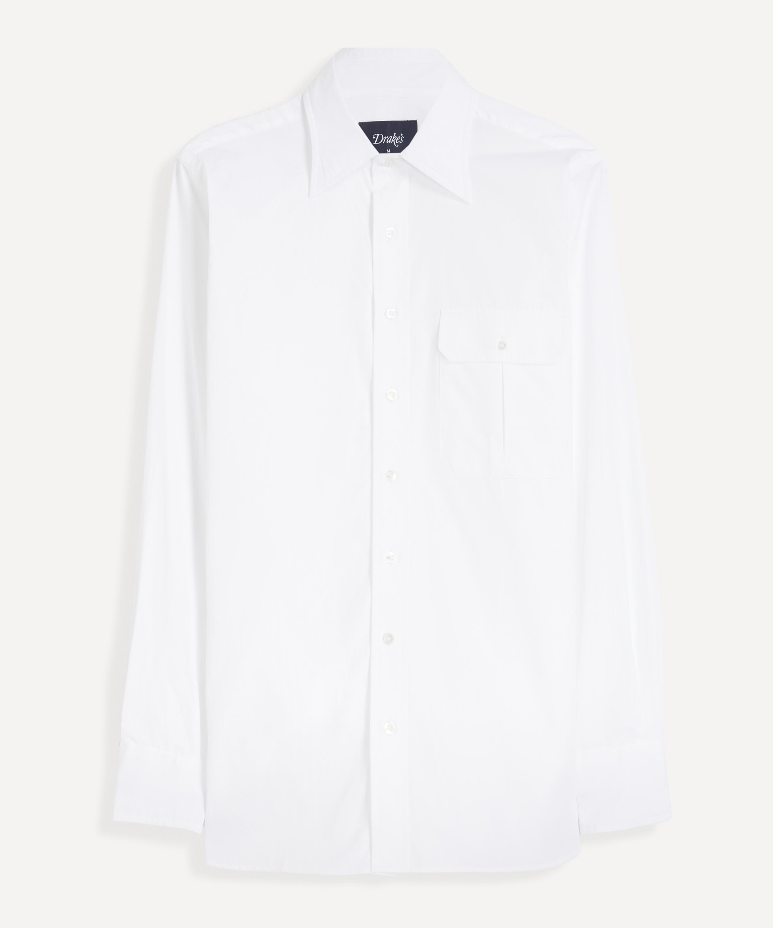 Drakes - White Long Point Collar Flap-Pocket Poplin Shirt