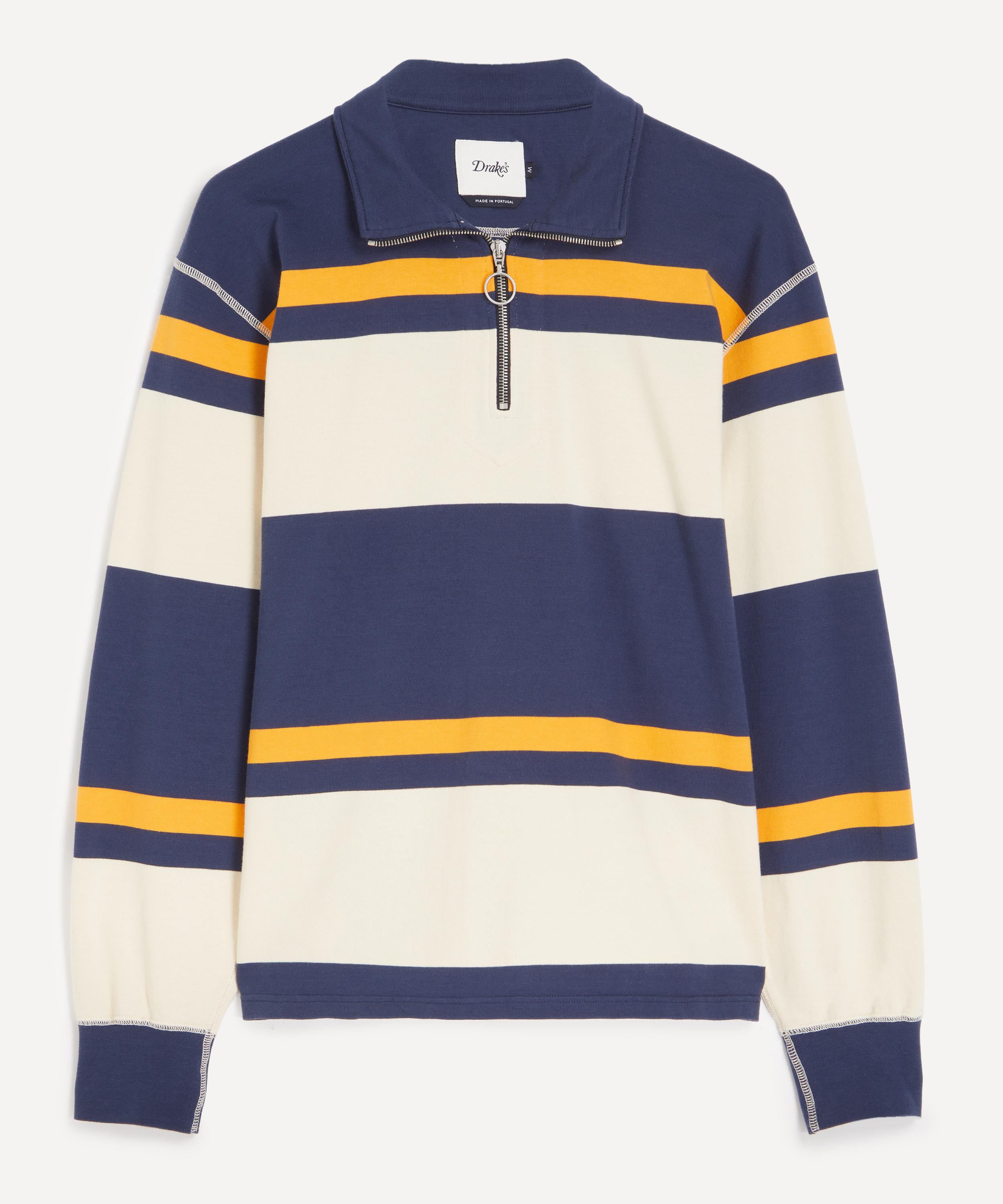 Drakes - Ecru-Navy Block Stripe Cotton Quarter Zip Rugby Shirt