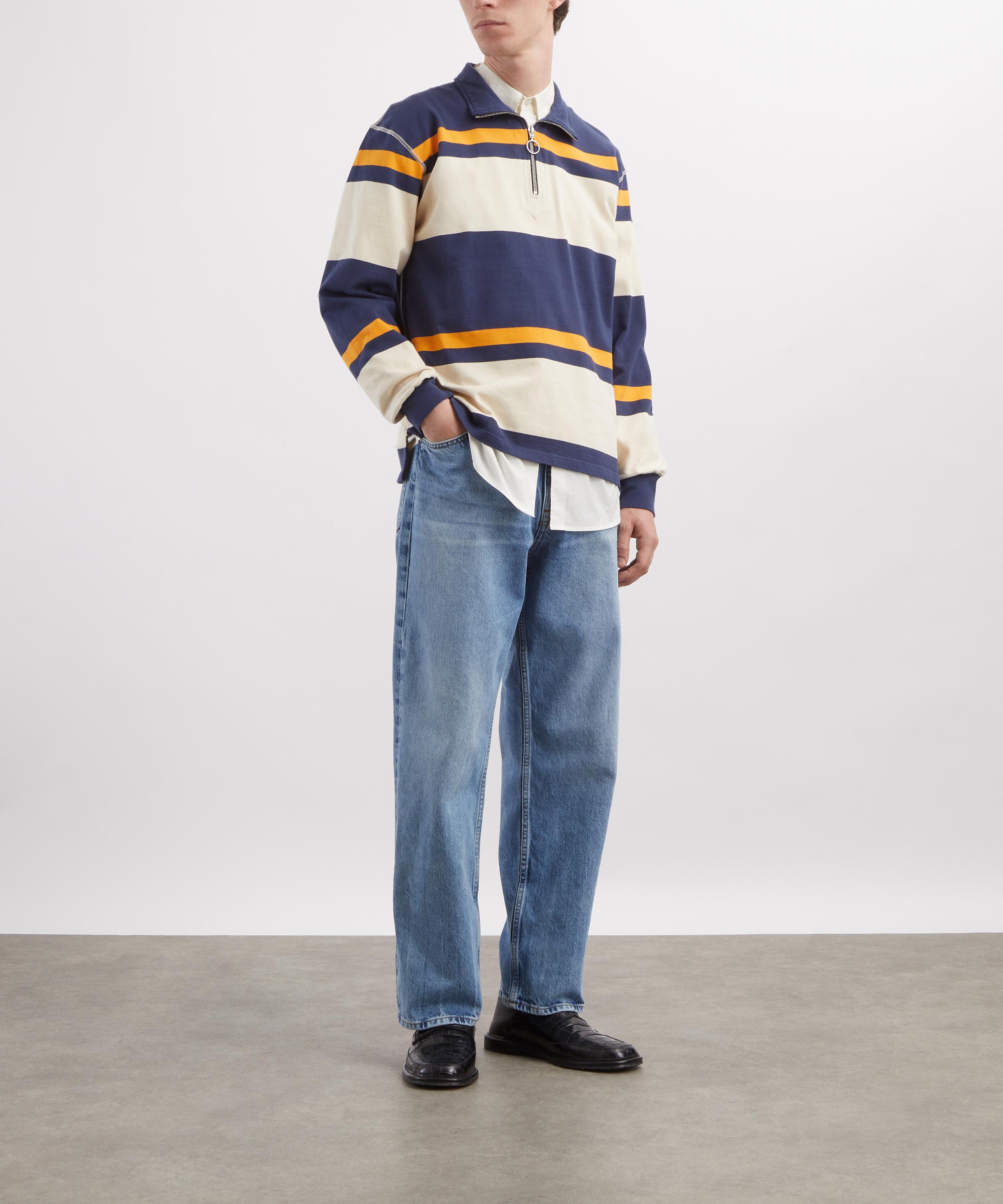 Drakes - Ecru-Navy Block Stripe Cotton Quarter Zip Rugby Shirt image number 1