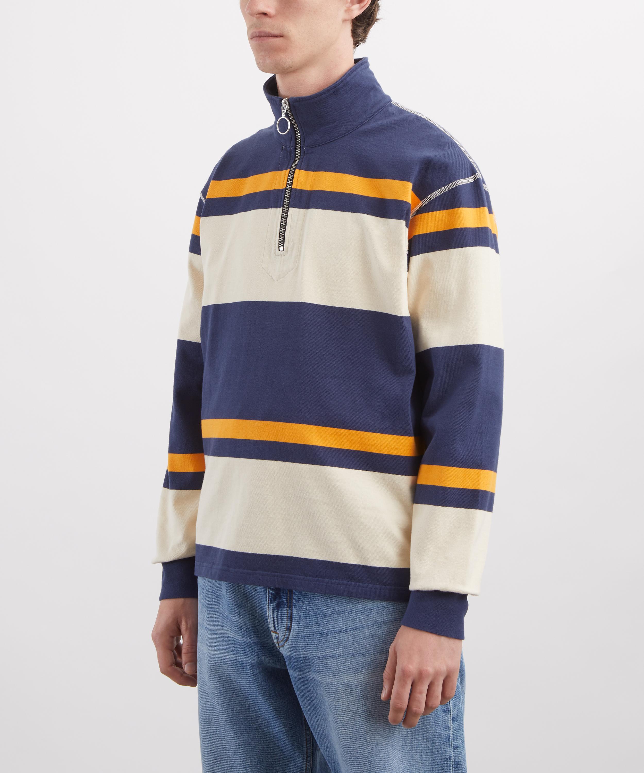 Drakes - Ecru-Navy Block Stripe Cotton Quarter Zip Rugby Shirt image number 2