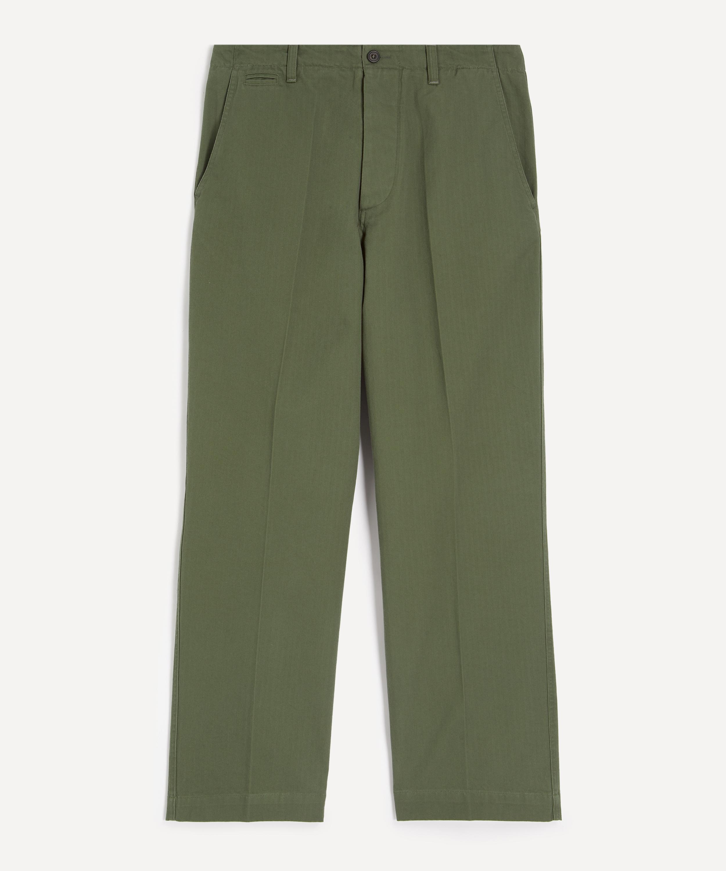 Drakes - Green Herringbone Cotton Wide-Leg Flat Front Chino Trousers