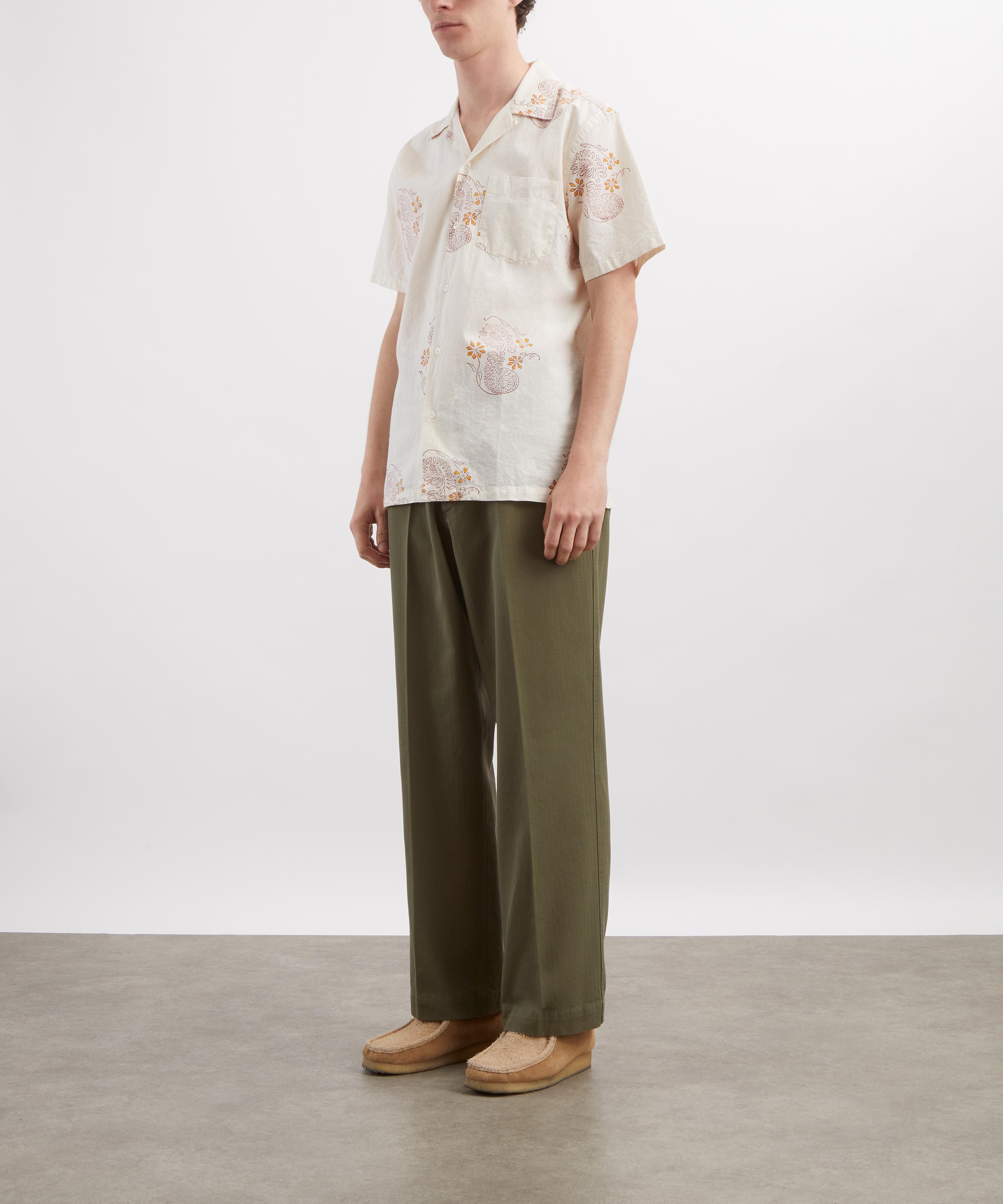 Drakes - Green Herringbone Cotton Wide-Leg Flat Front Chino Trousers image number 1