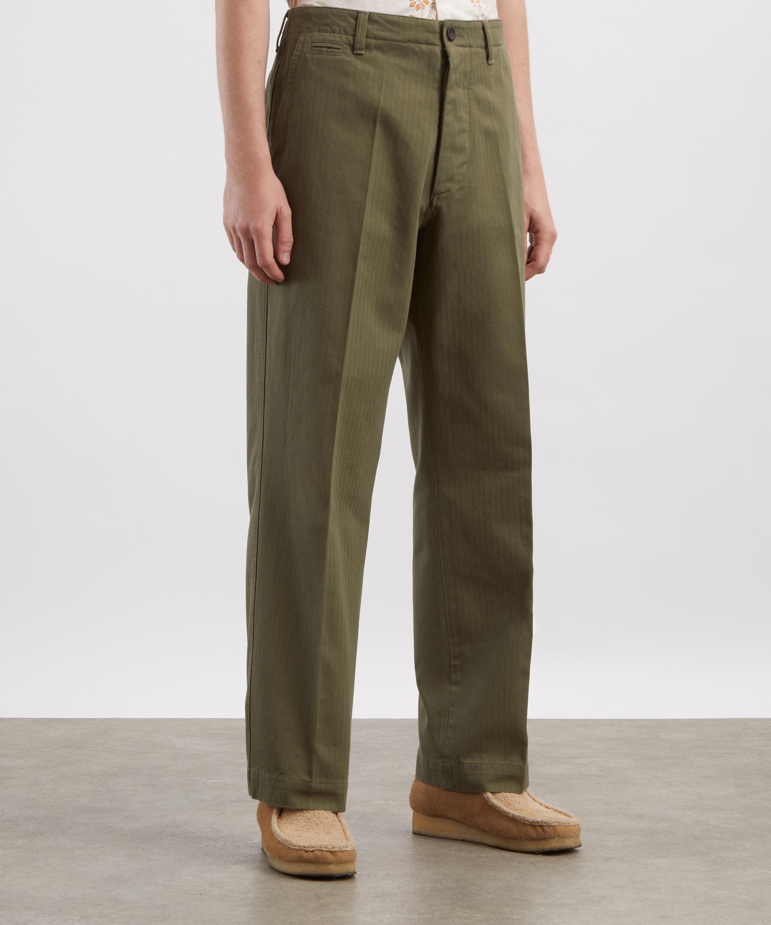Drakes - Green Herringbone Cotton Wide-Leg Flat Front Chino Trousers image number 2