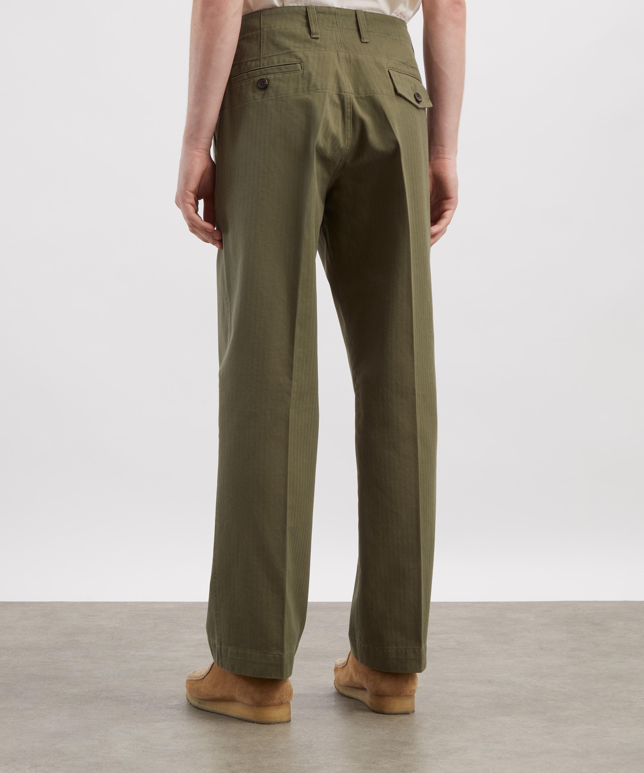 Drakes - Green Herringbone Cotton Wide-Leg Flat Front Chino Trousers image number 3