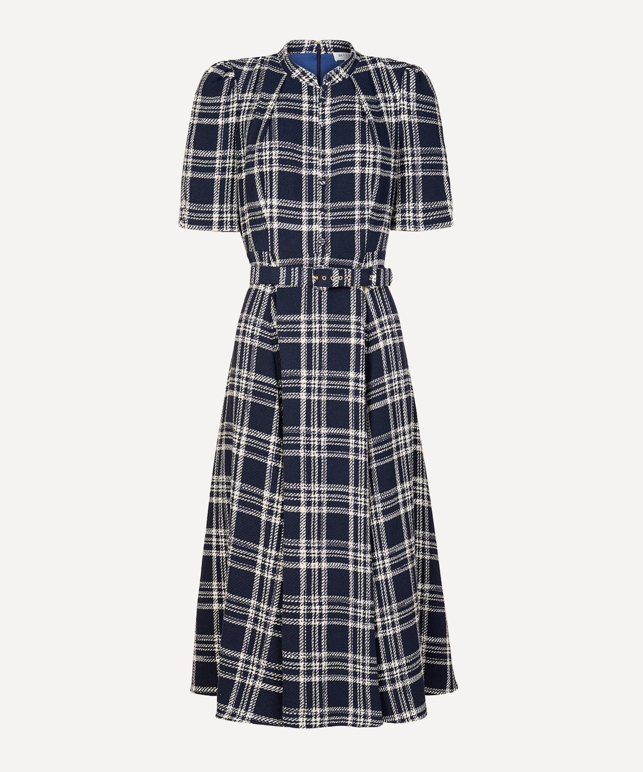 Beulah - Ahana Navy-White Check Short-Sleeve Dress
