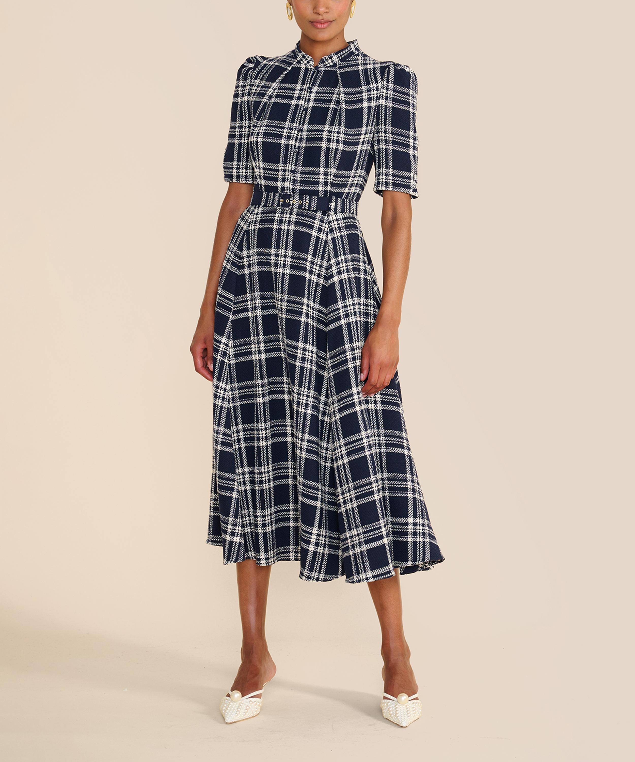 Beulah - Ahana Navy-White Check Short-Sleeve Dress image number 1