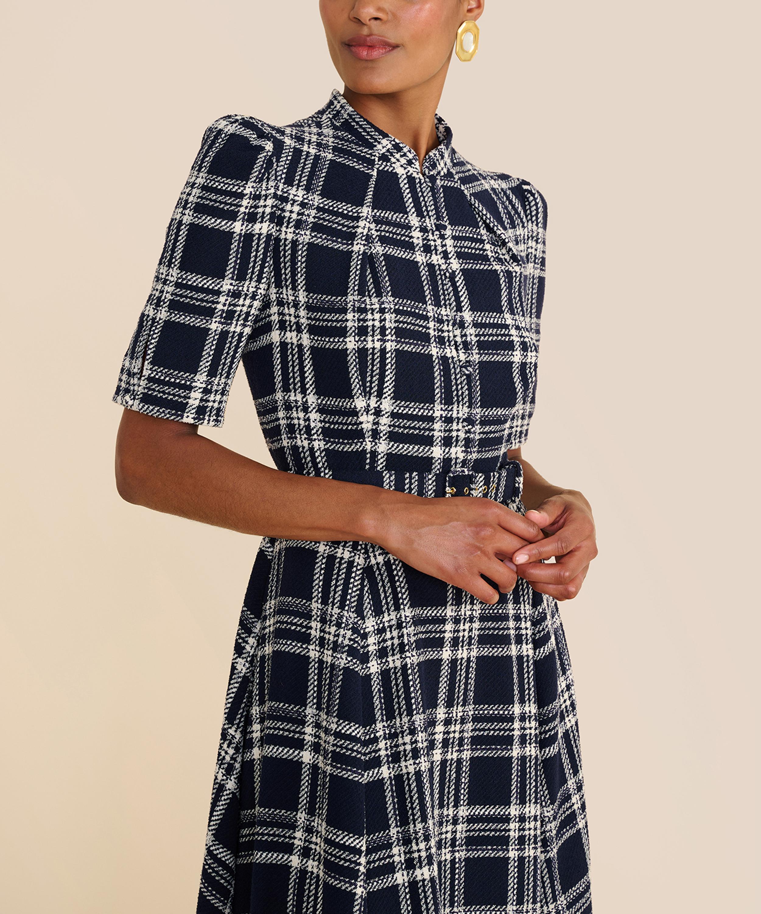 Beulah - Ahana Navy-White Check Short-Sleeve Dress image number 3