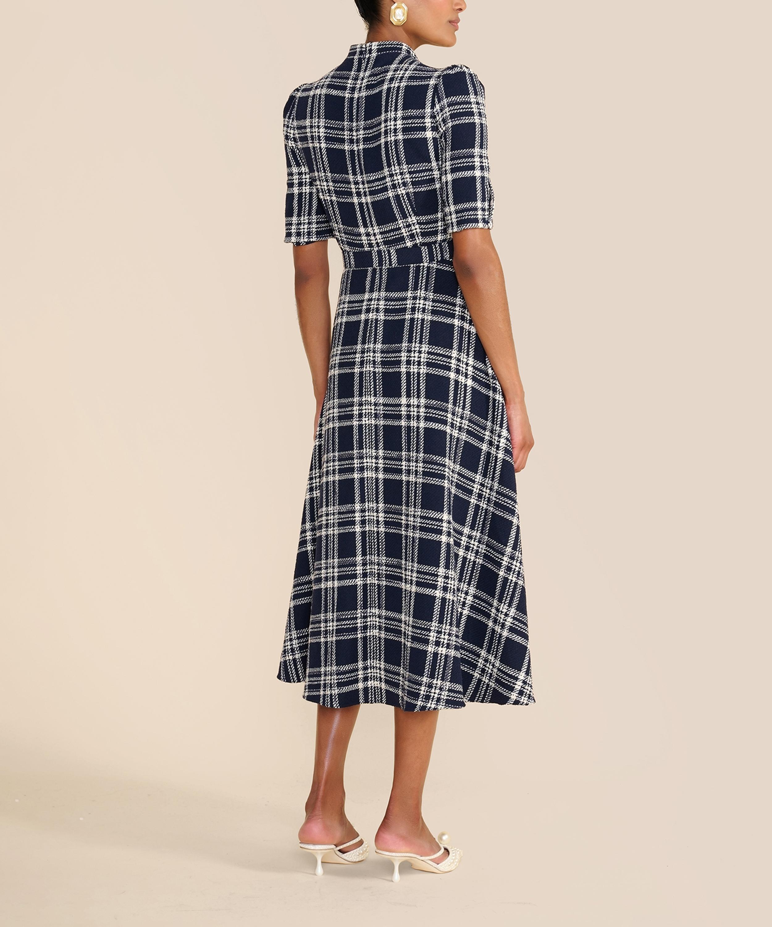 Beulah - Ahana Navy-White Check Short-Sleeve Dress image number 4