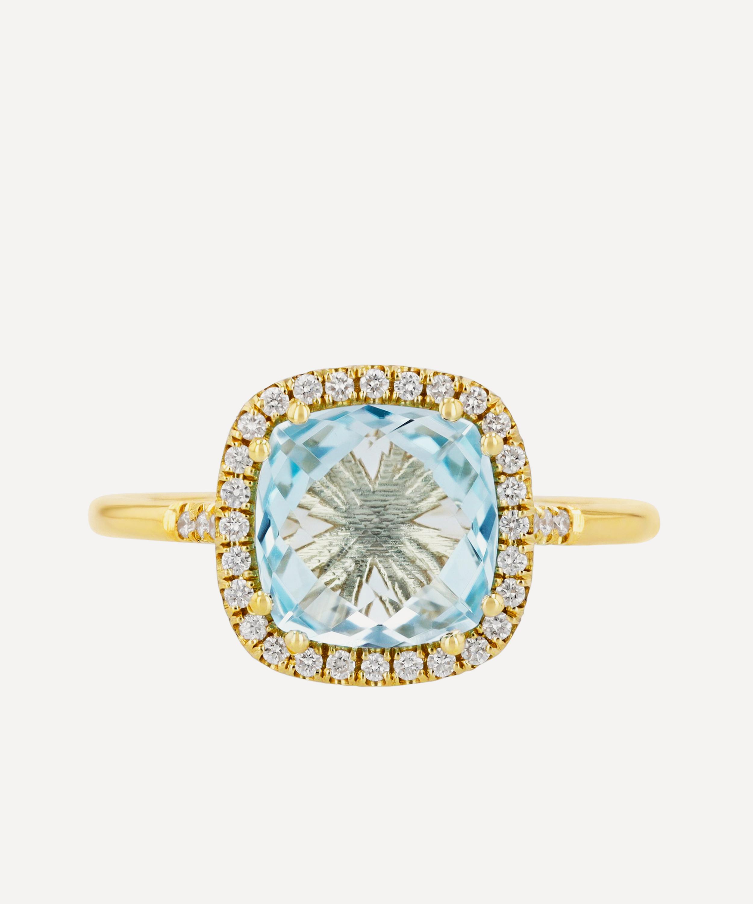 Suzanne Kalan - 14ct Gold Medium Cushion-Cut Blue Topaz Diamond Halo Ring