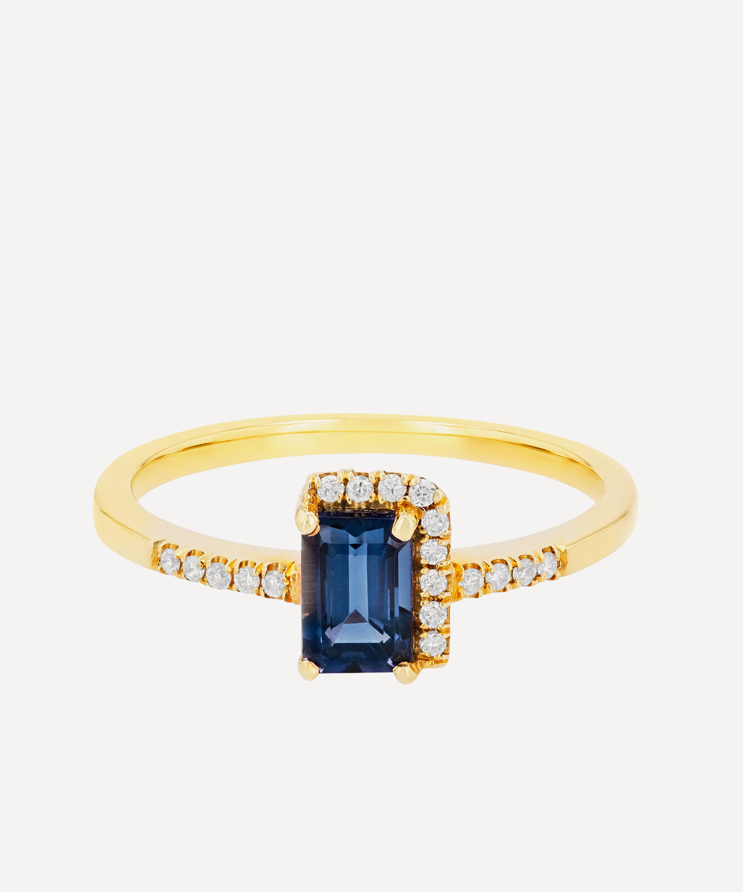Suzanne Kalan - 14ct Gold Ann Emerald Cut English Blue Topaz and Pave Diamond Halo Ring