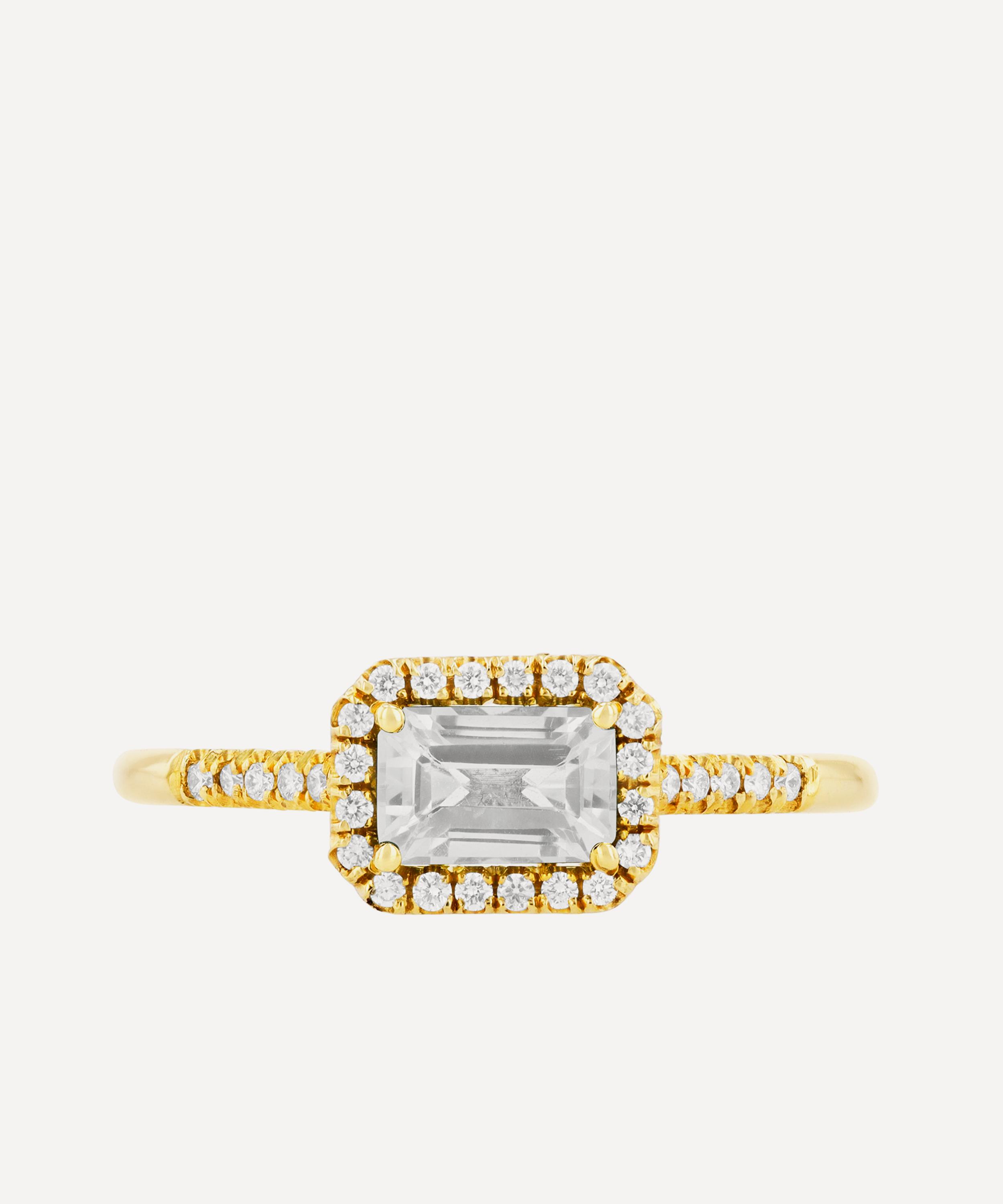 Suzanne Kalan - 14ct Gold Emerald Cut White Topaz Diamond Halo Positano Ring image number 0