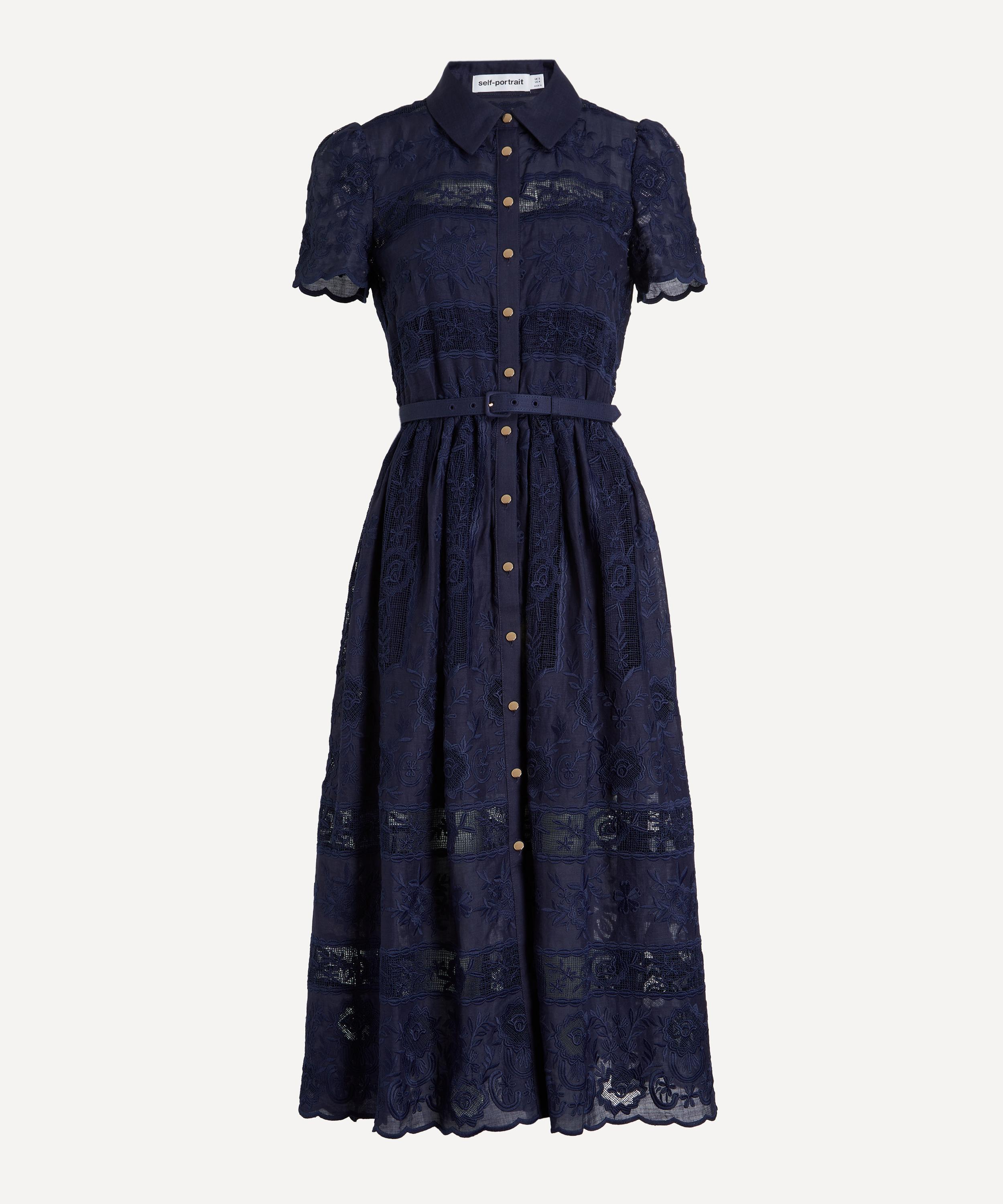 Self-Portrait - Navy Ramie Collared Midi Dress